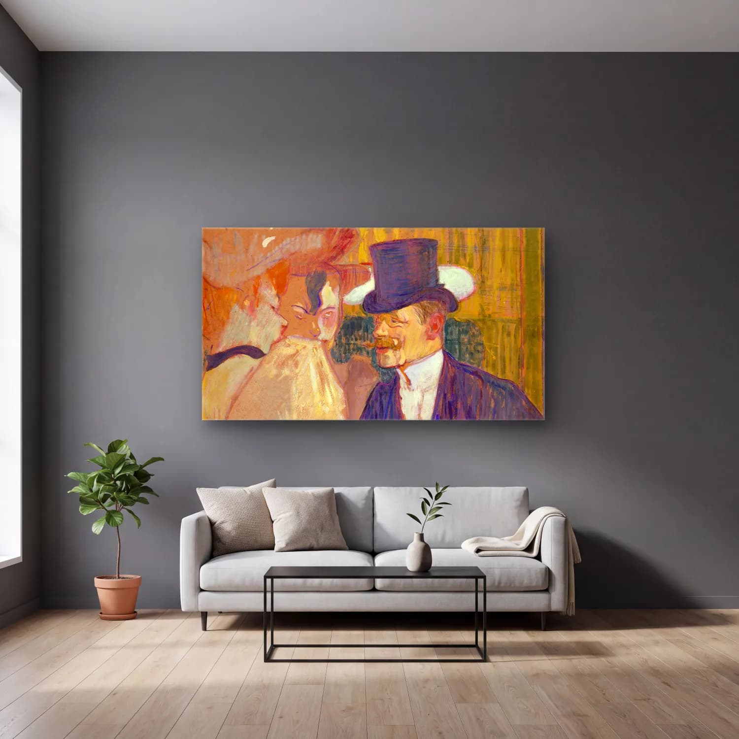 Henri de Toulouse-Lautrec – The Englishman at the Moulin Rouge cam tablo — gri duvarlı salonda