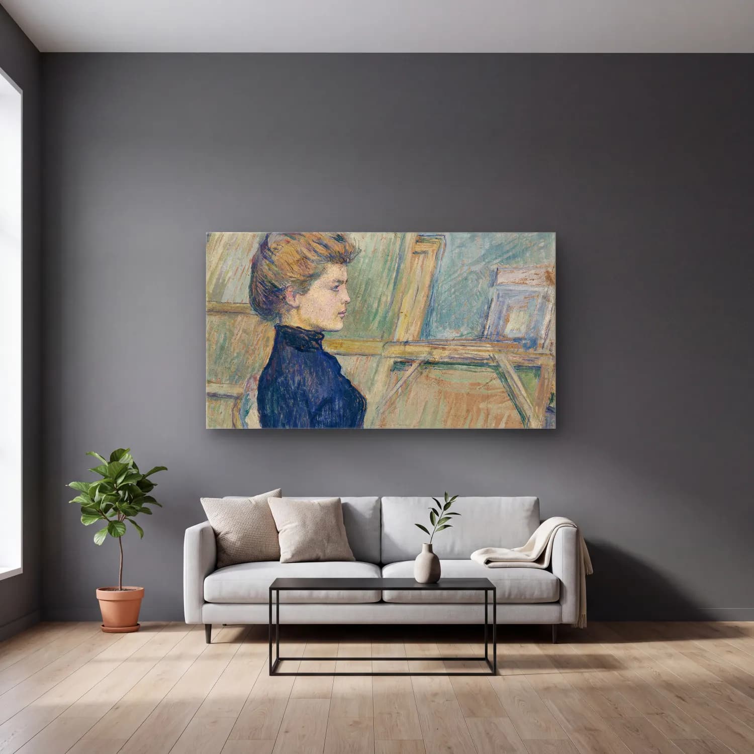 Henri de Toulouse-Lautrec – Young Girl in the Studio (Hélène Vary) cam tablo — gri duvarlı salonda