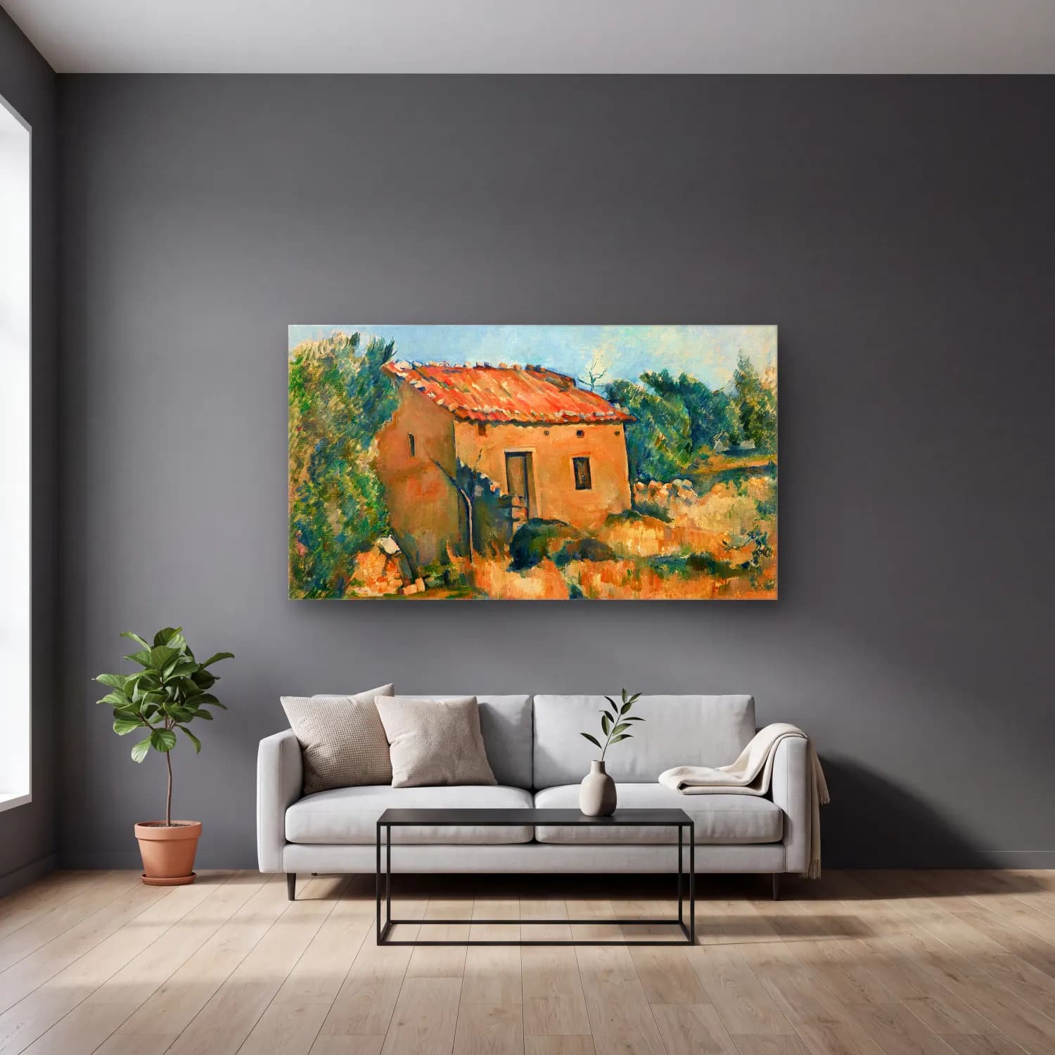 Paul Cézanne – Abandoned House near Aix-en-Provence cam tablo — gri duvarlı salonda