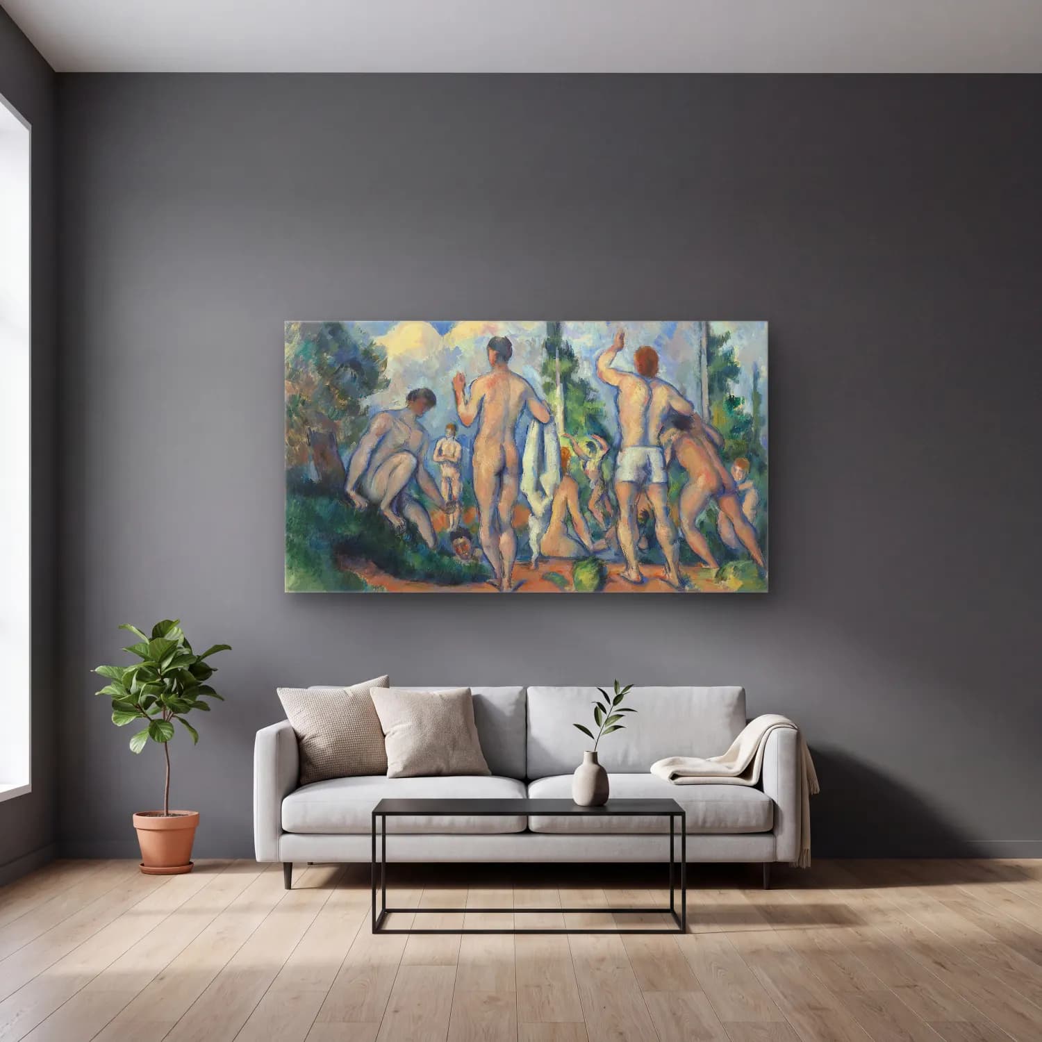 Paul Cézanne – Bathers – Yeşil Tonlar cam tablo — gri duvarlı salonda