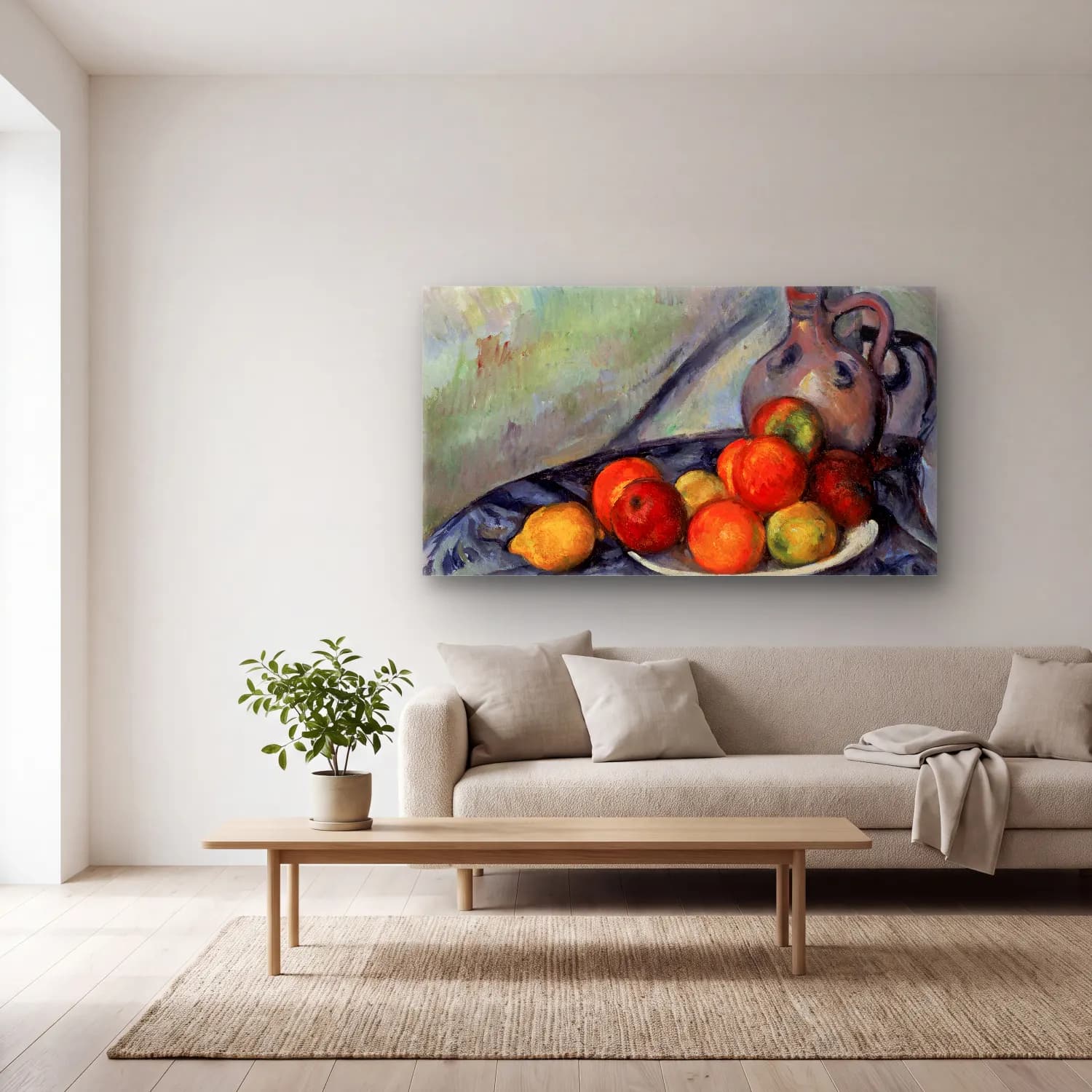 Paul Cézanne – Cezanne - Fruit and a Jug on a Table cam tablo — açık renk salonda
