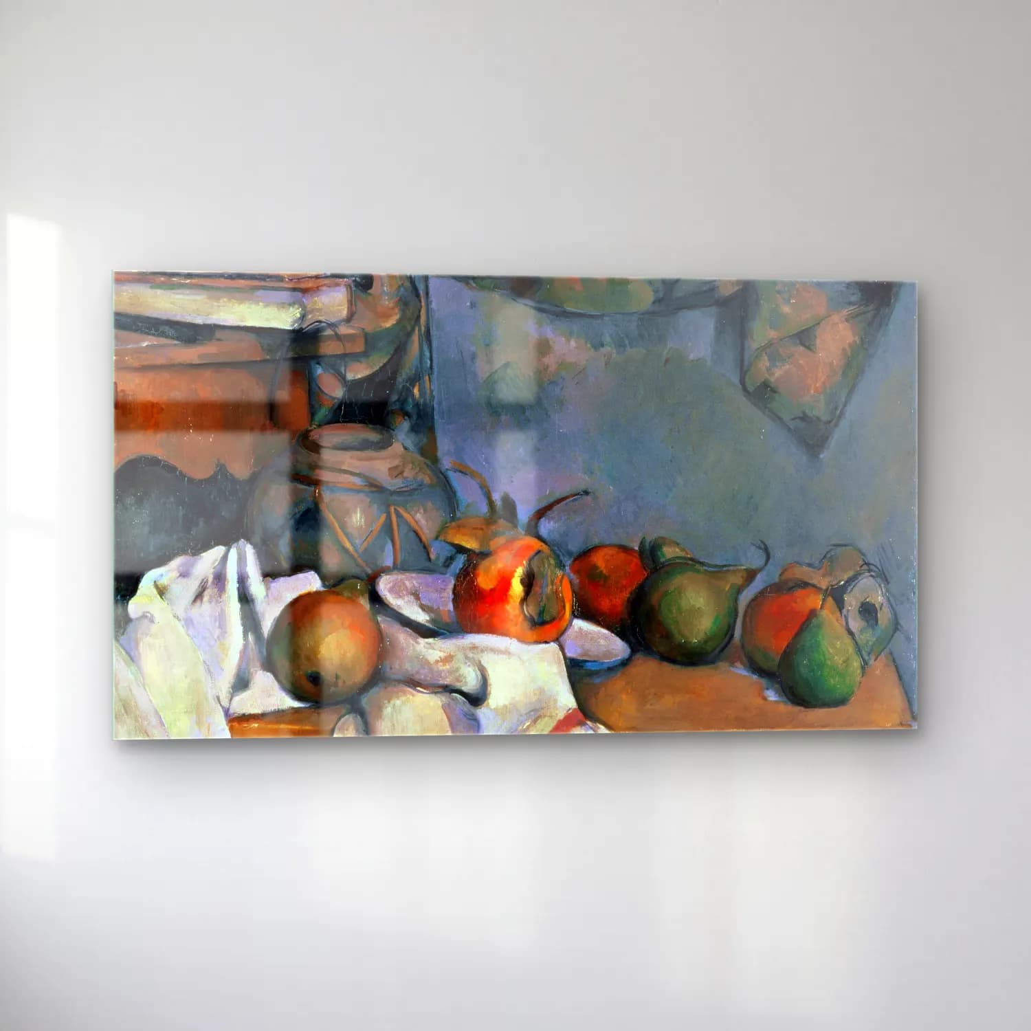 Paul Cézanne – Ginger pot with Pomegranite and Pears cam tablo — sol açıdan görünüm