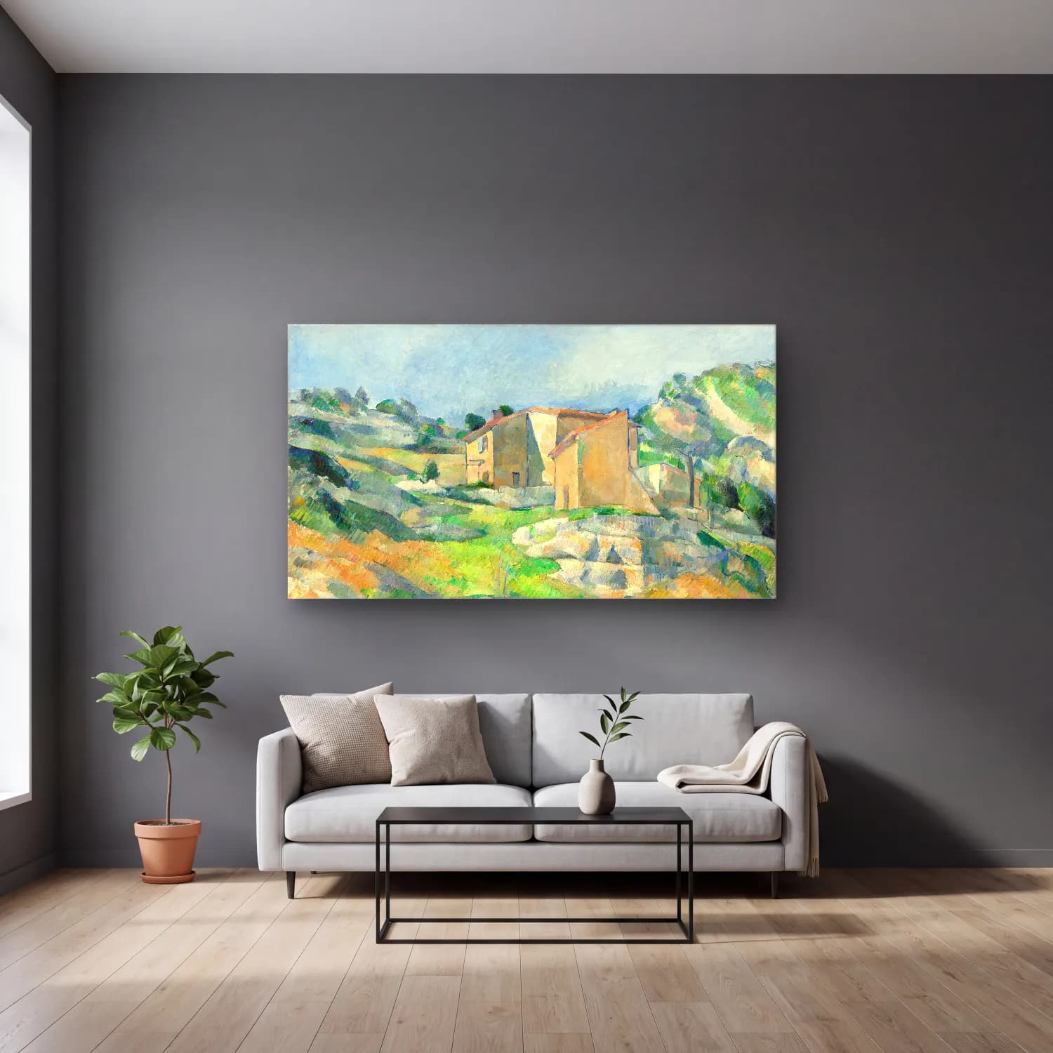 Paul Cézanne – Houses in Provence cam tablo — gri duvarlı salonda