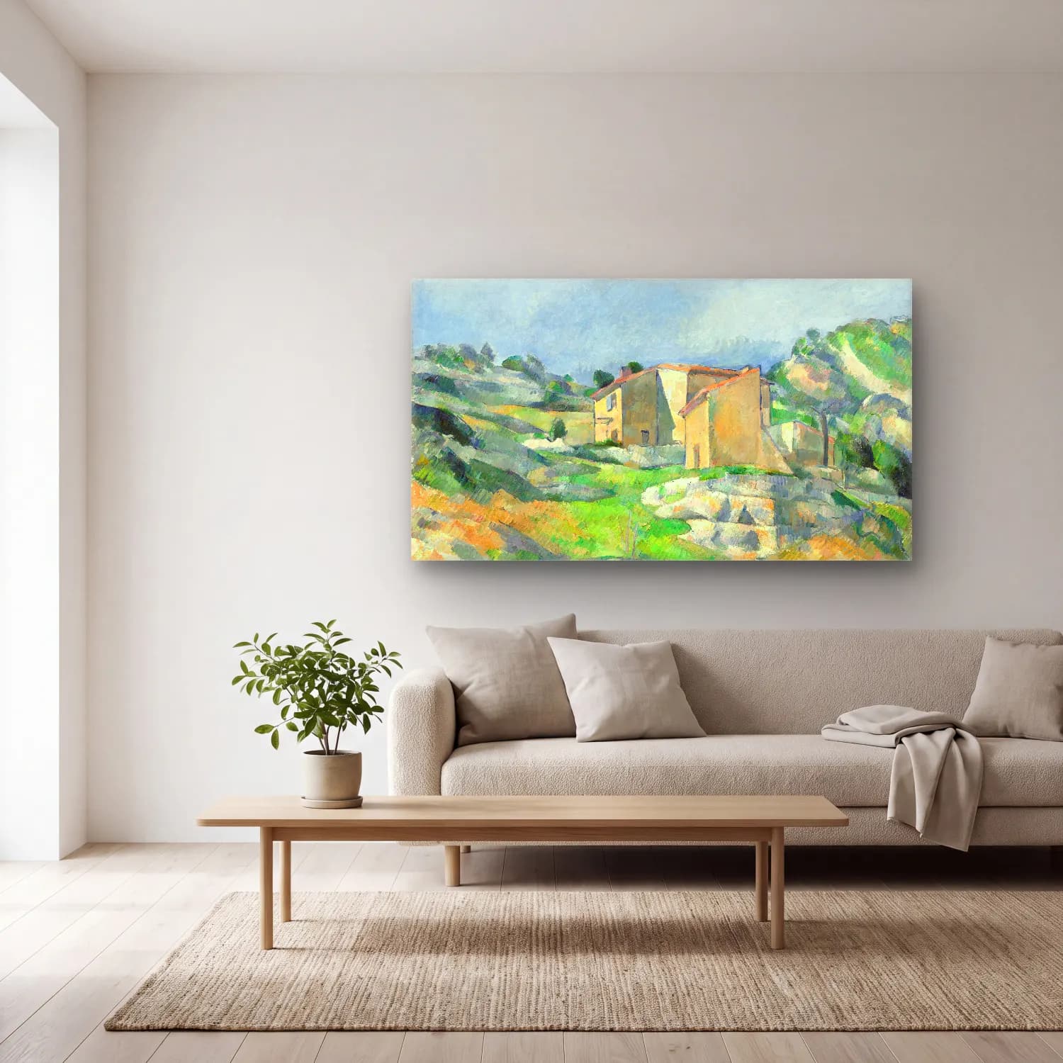 Paul Cézanne – Houses in Provence cam tablo — açık renk salonda