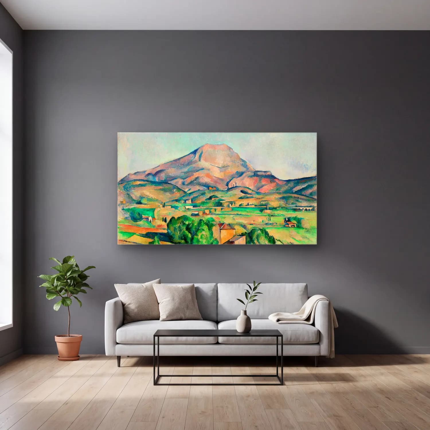 Paul Cézanne – Mont Sainte-Victoire cam tablo — gri duvarlı salonda