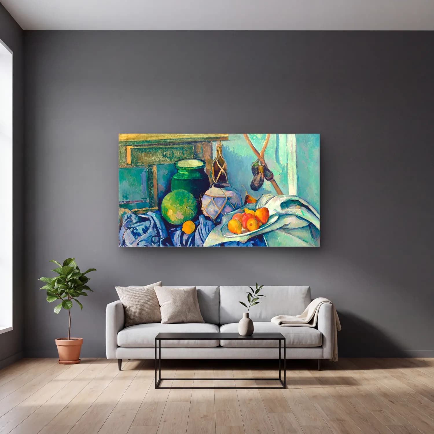 Paul Cézanne – Still Life with Apples cam tablo — gri duvarlı salonda