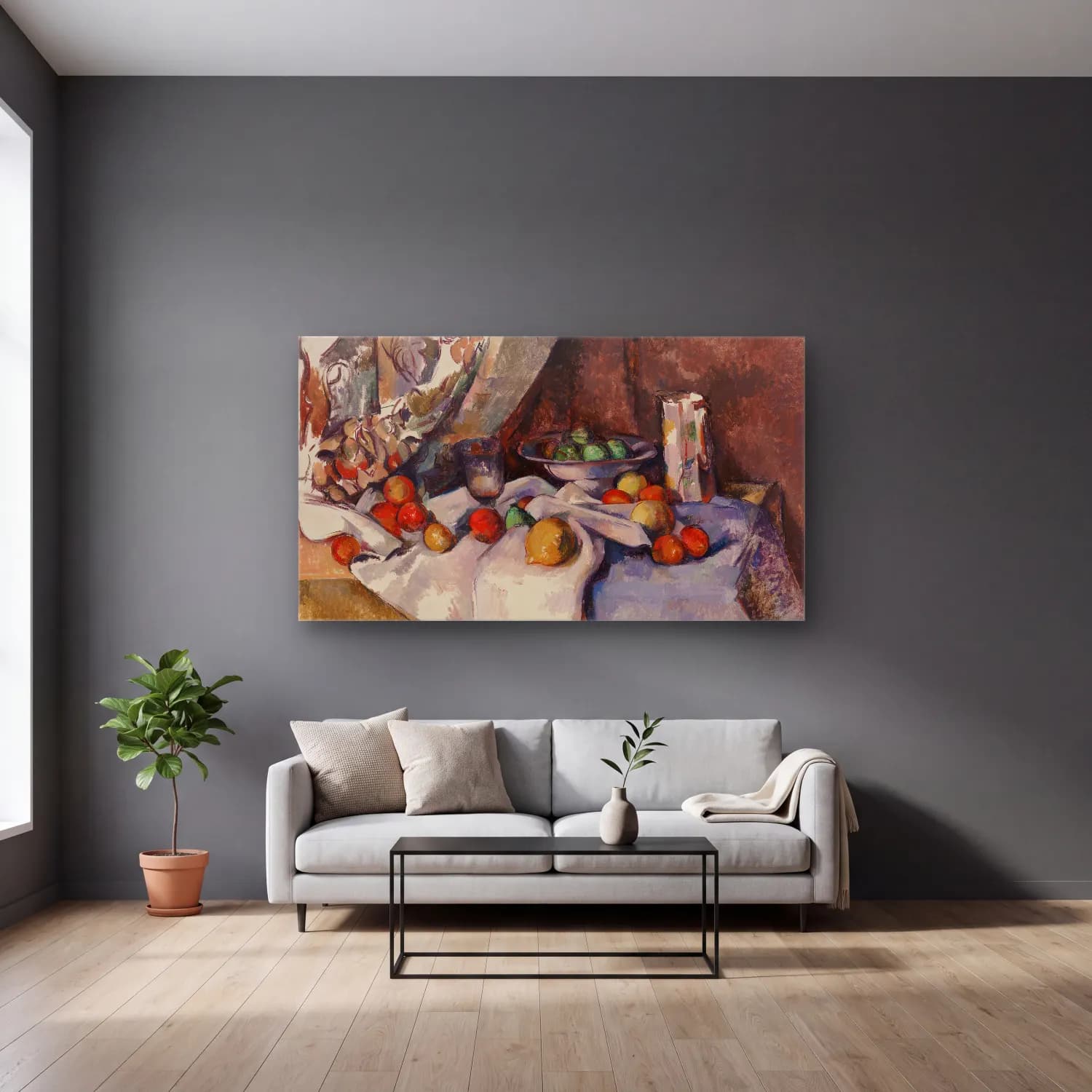 Paul Cézanne – Still Life with Apples (III) cam tablo — gri duvarlı salonda