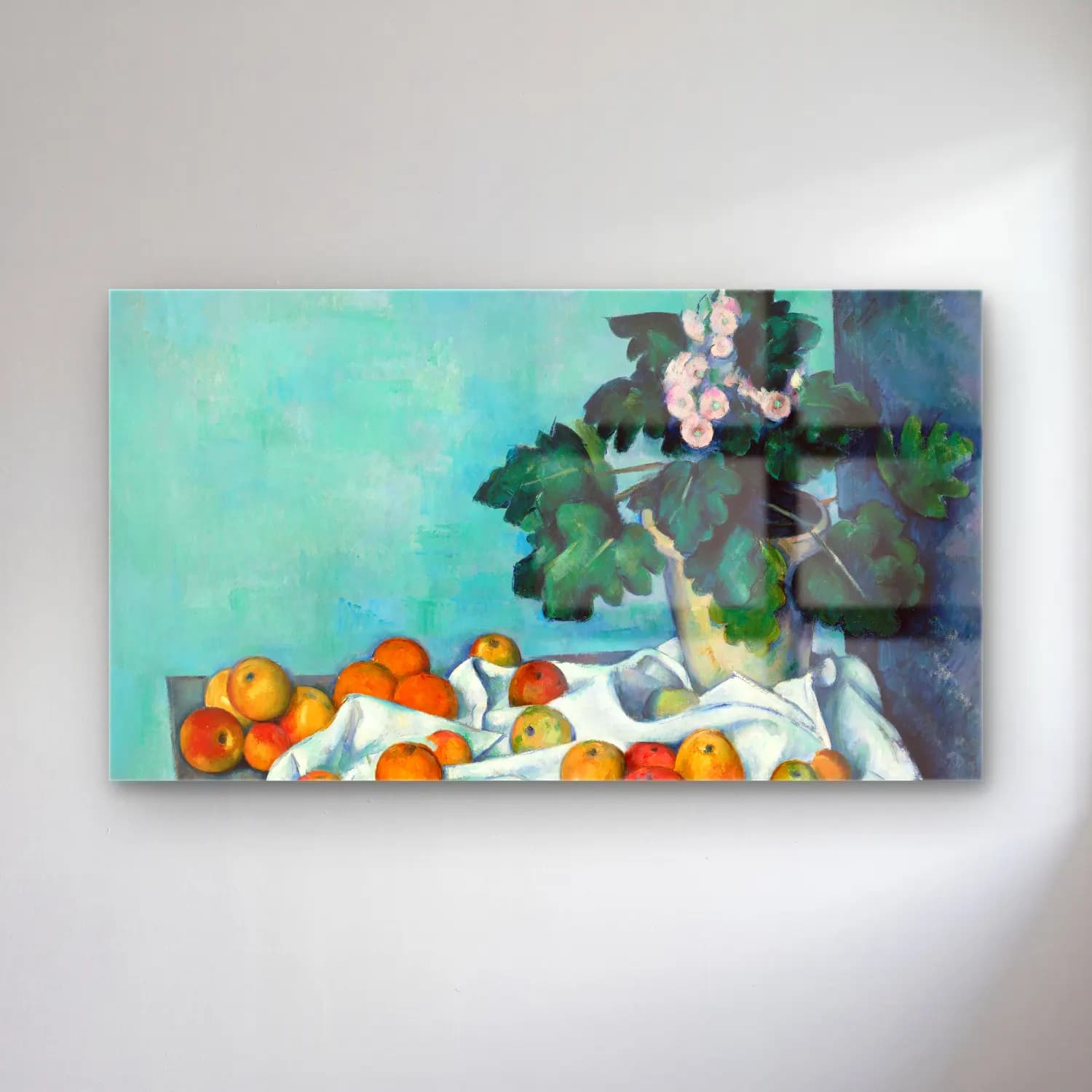 Paul Cézanne – Still Life with Apples and a Pot of Primroses cam tablo — Paul Cézanne – Still Life with Apples and a Pot of Primroses — empresyonist meyveli natürmort