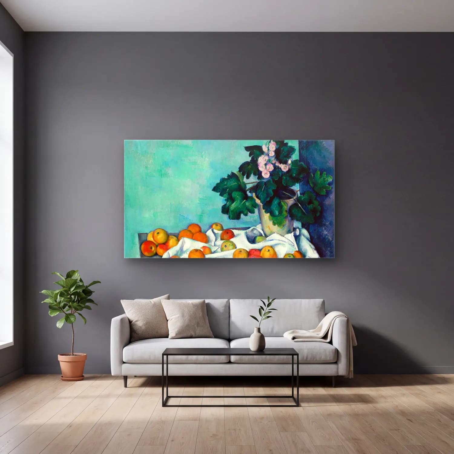 Paul Cézanne – Still Life with Apples and a Pot of Primroses cam tablo — gri duvarlı salonda