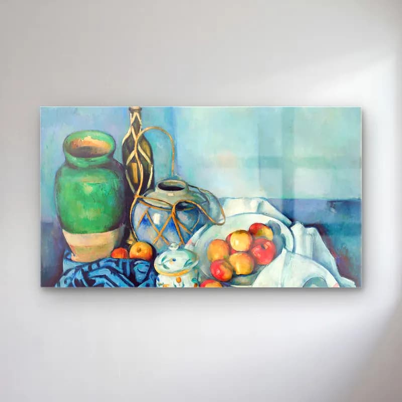 Paul Cézanne – Still Life with Apples – Mavi Tonlar cam tablo — Paul Cézanne – Still Life with Apples – Mavi Tonlar — empresyonist armut ve elmalar