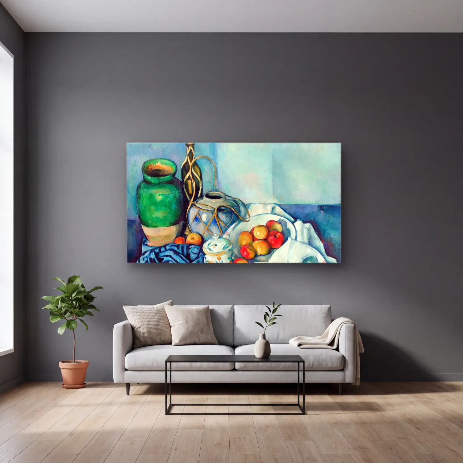 Paul Cézanne – Still Life with Apples – Mavi Tonlar cam tablo — gri duvarlı salonda