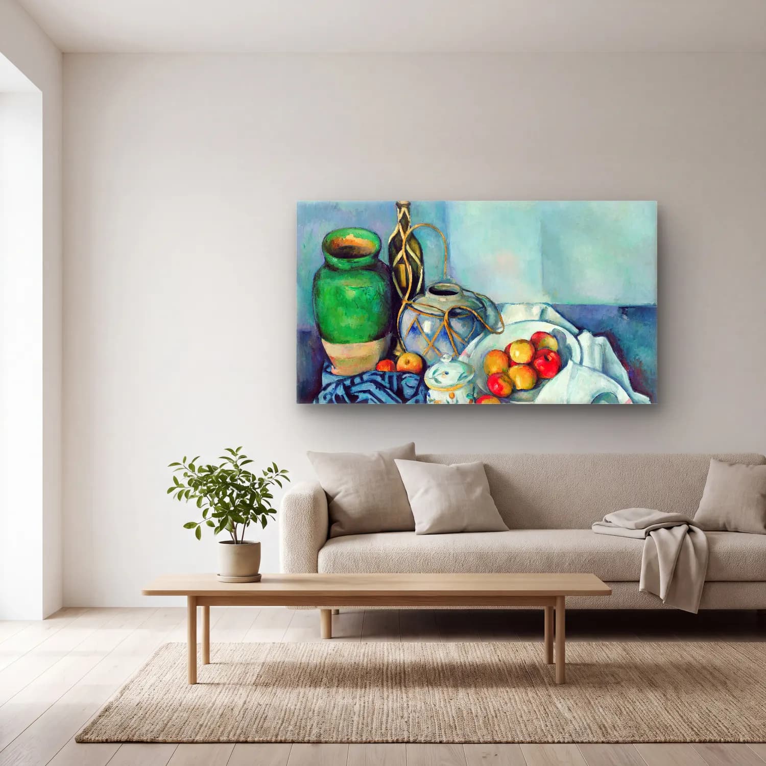 Paul Cézanne – Still Life with Apples – Mavi Tonlar cam tablo — açık renk salonda