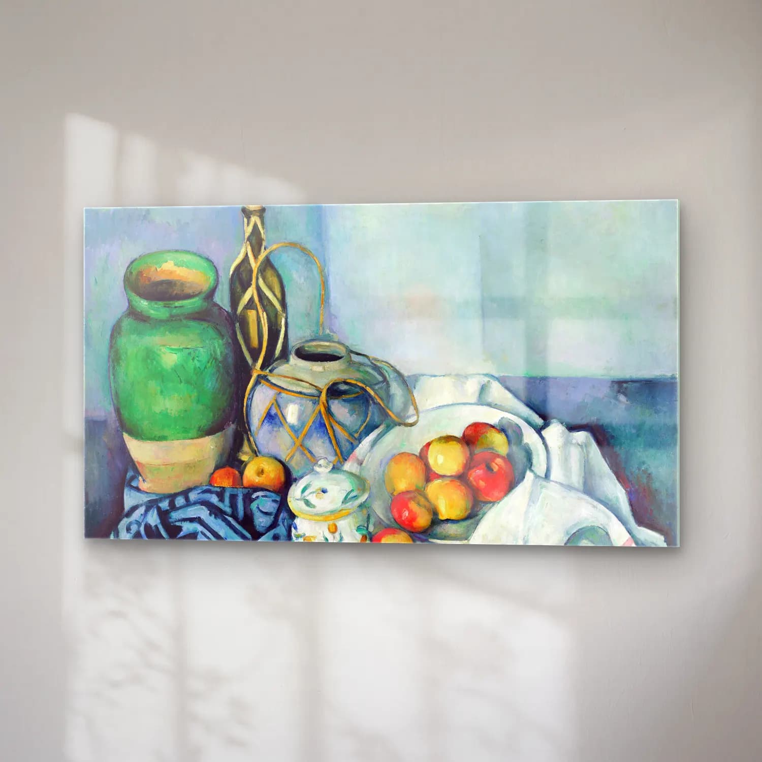 Paul Cézanne – Still Life with Apples – Mavi Tonlar cam tablo — sağ açıdan görünüm