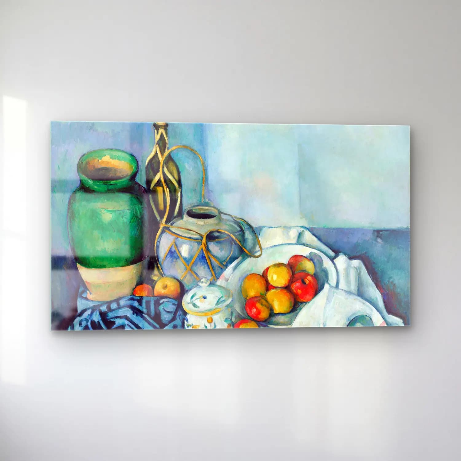 Paul Cézanne – Still Life with Apples – Mavi Tonlar cam tablo — sol açıdan görünüm