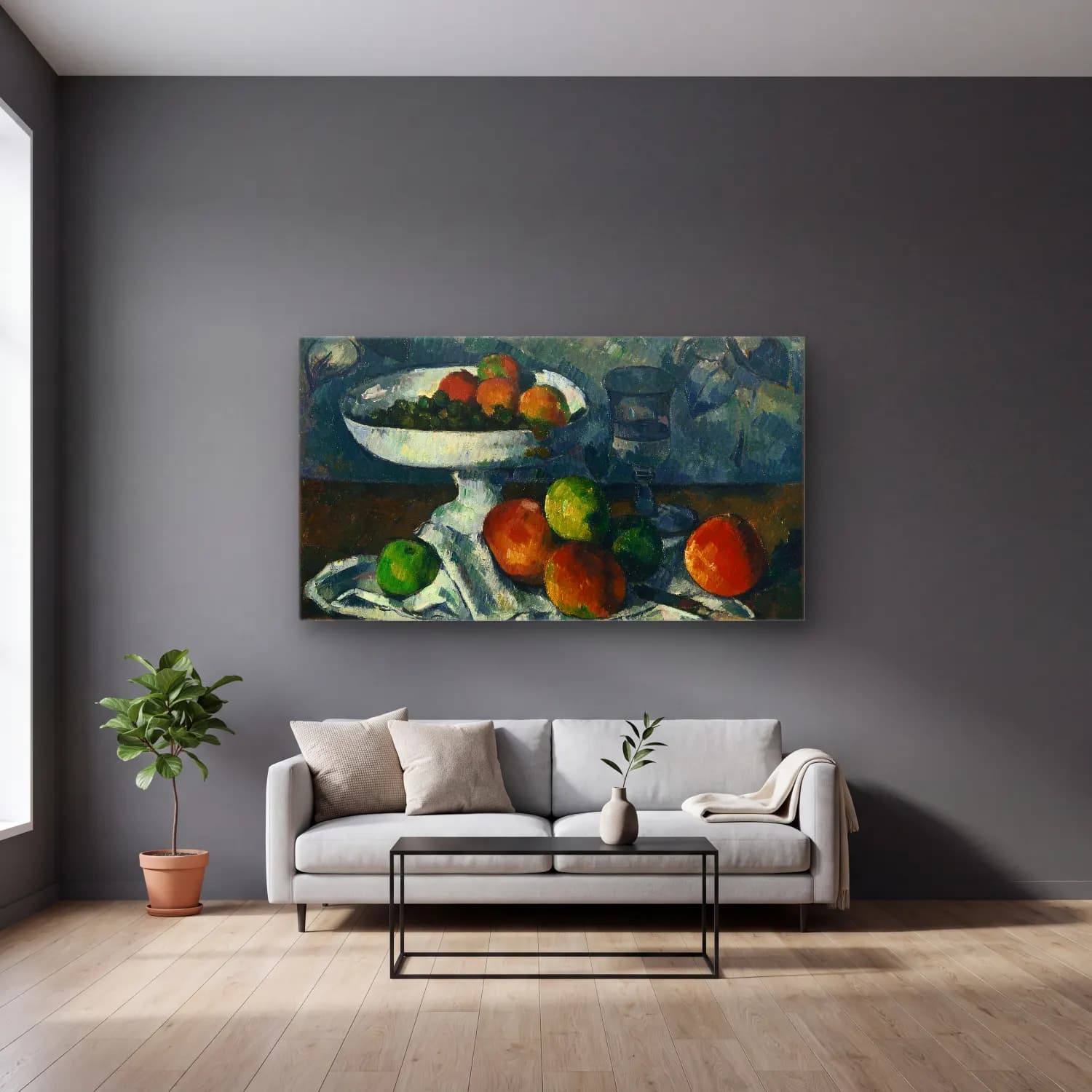Paul Cézanne – Still Life with Fruit Dish cam tablo — gri duvarlı salonda