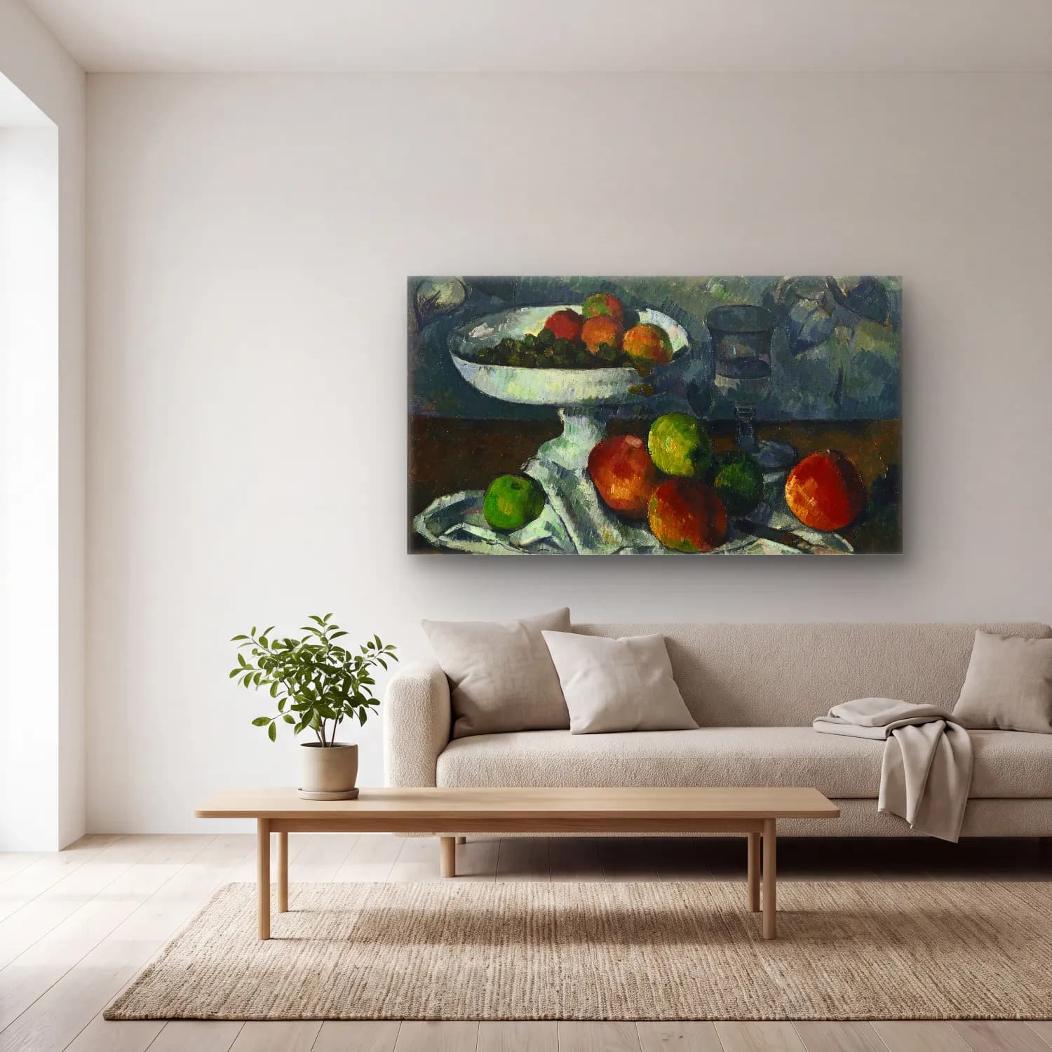 Paul Cézanne – Still Life with Fruit Dish cam tablo — açık renk salonda