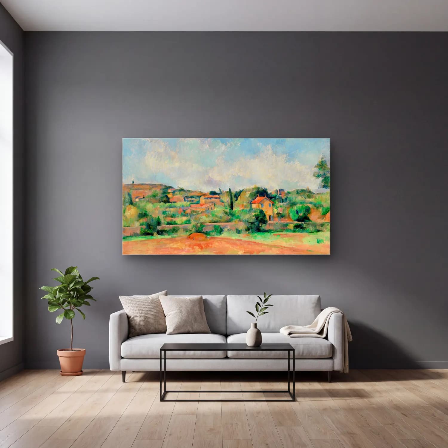 Paul Cézanne – The Bellevue Plain, also called The Red Earth cam tablo — gri duvarlı salonda