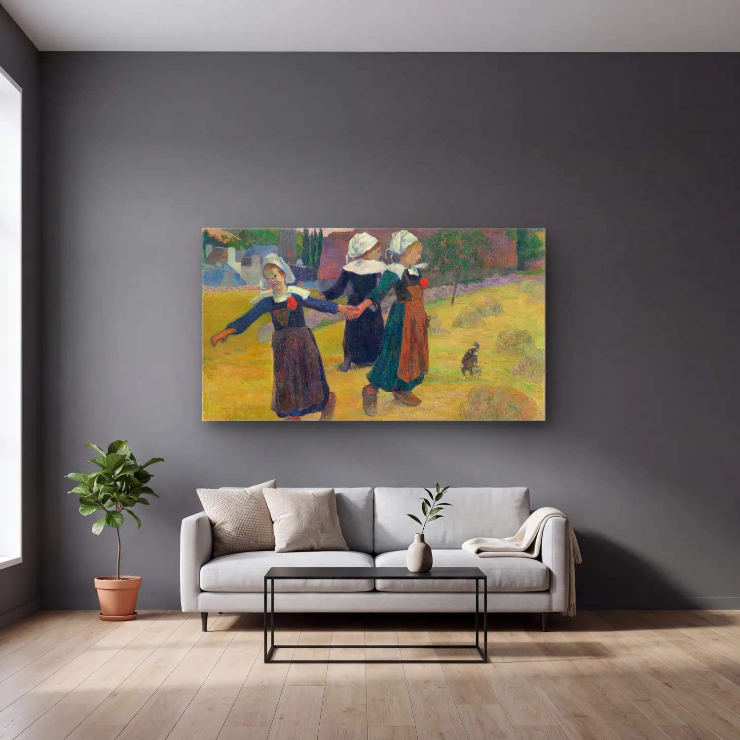 Paul Gauguin – Breton Girls Dancing, Pont-Aven cam tablo — gri duvarlı salonda