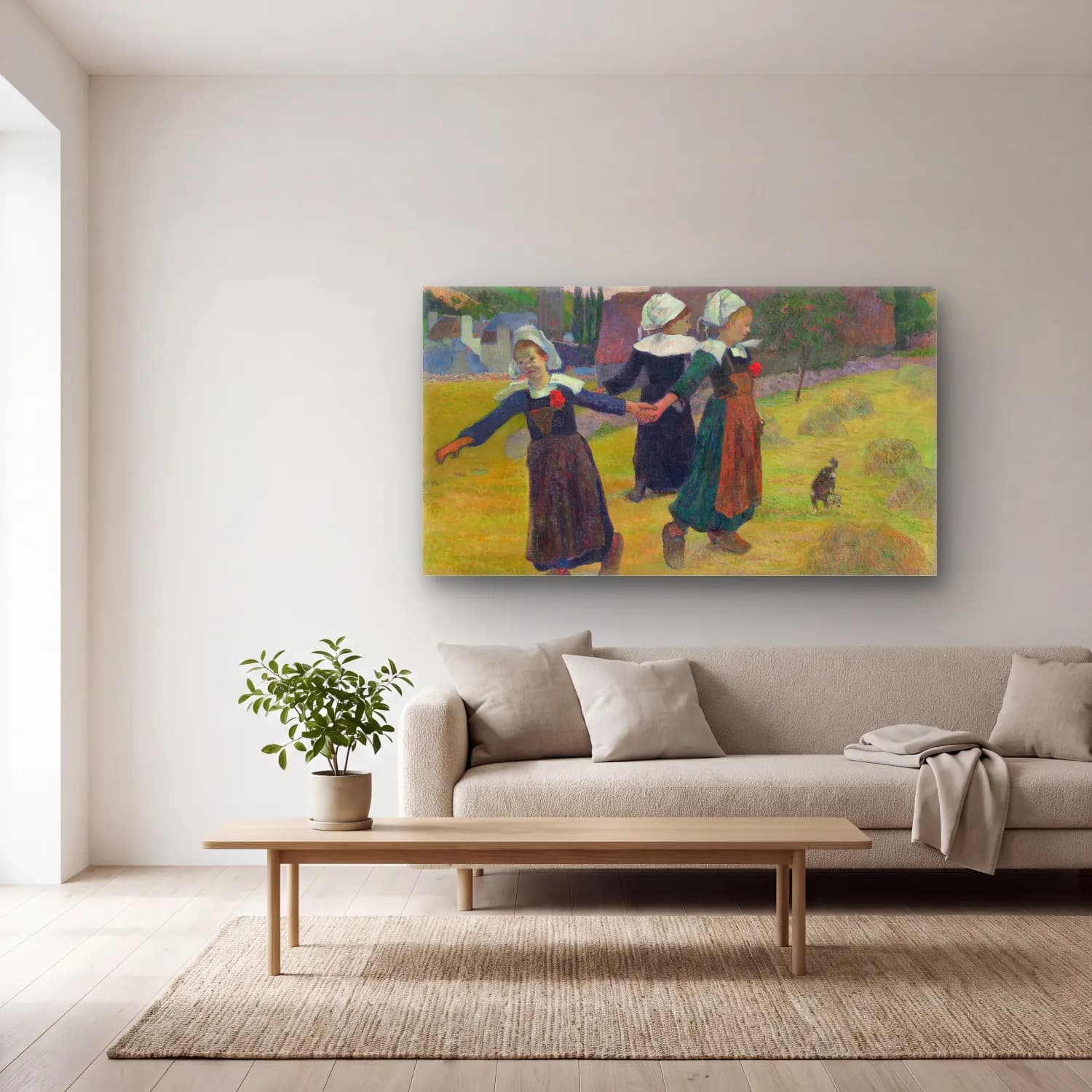 Paul Gauguin – Breton Girls Dancing, Pont-Aven cam tablo — açık renk salonda