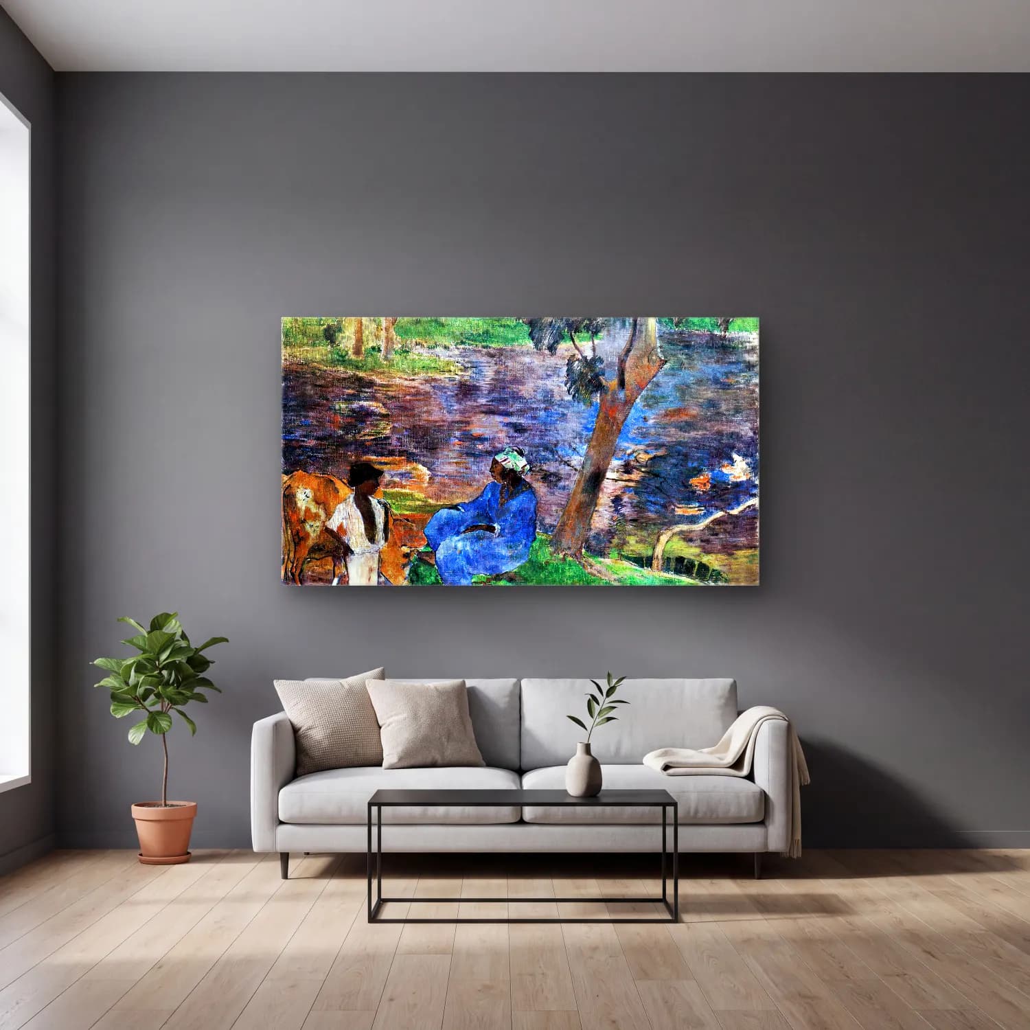 Paul Gauguin – By the Pond cam tablo — gri duvarlı salonda