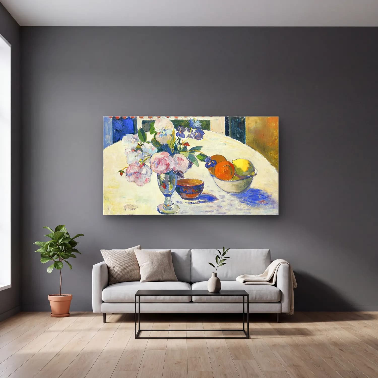 Paul Gauguin – Flowers and a Bowl of Fruit on a Table cam tablo — gri duvarlı salonda