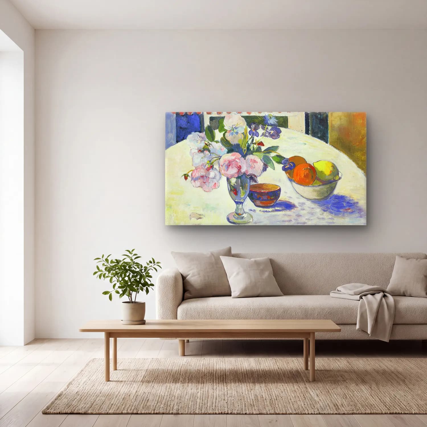 Paul Gauguin – Flowers and a Bowl of Fruit on a Table cam tablo — açık renk salonda