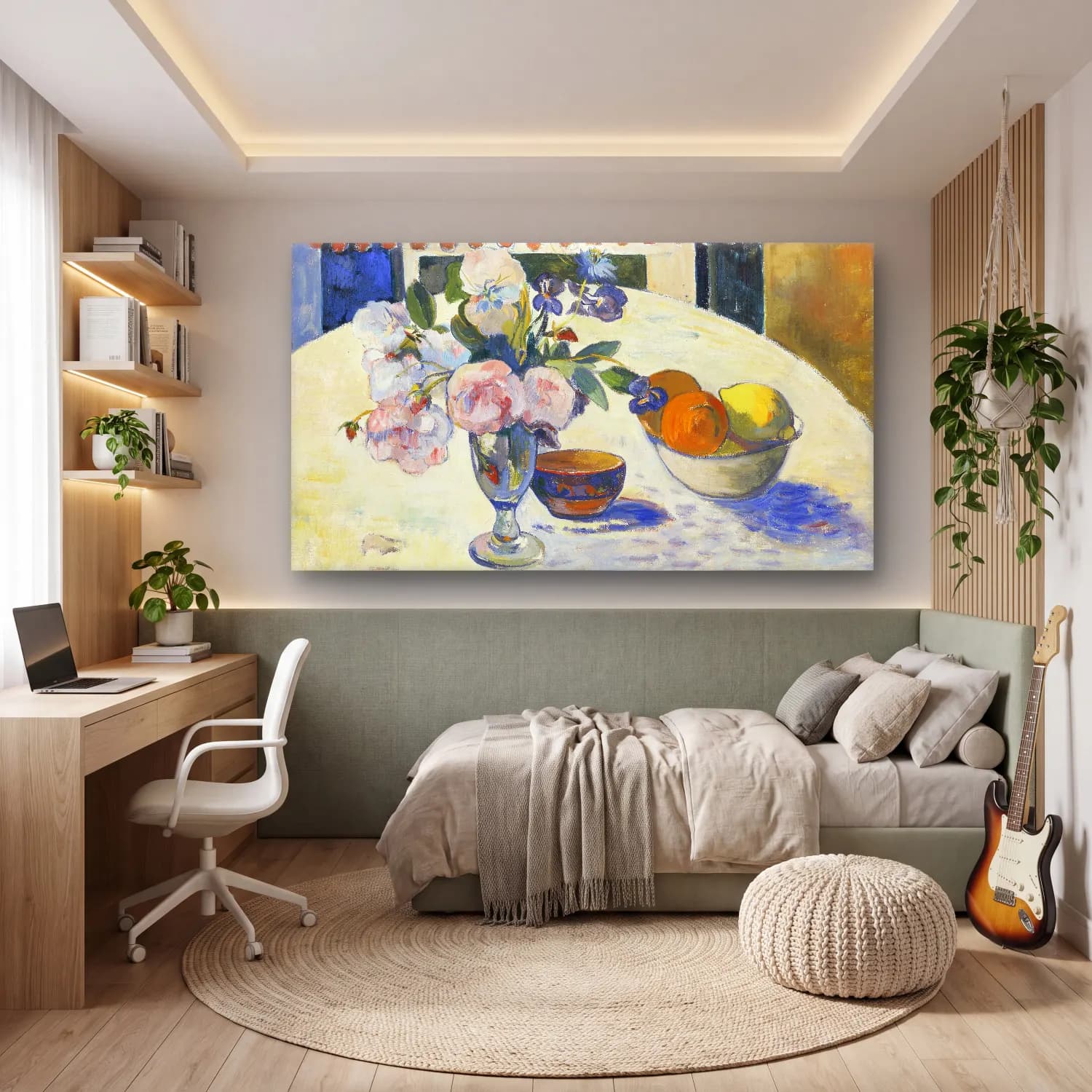 Paul Gauguin – Flowers and a Bowl of Fruit on a Table cam tablo — genç odasında