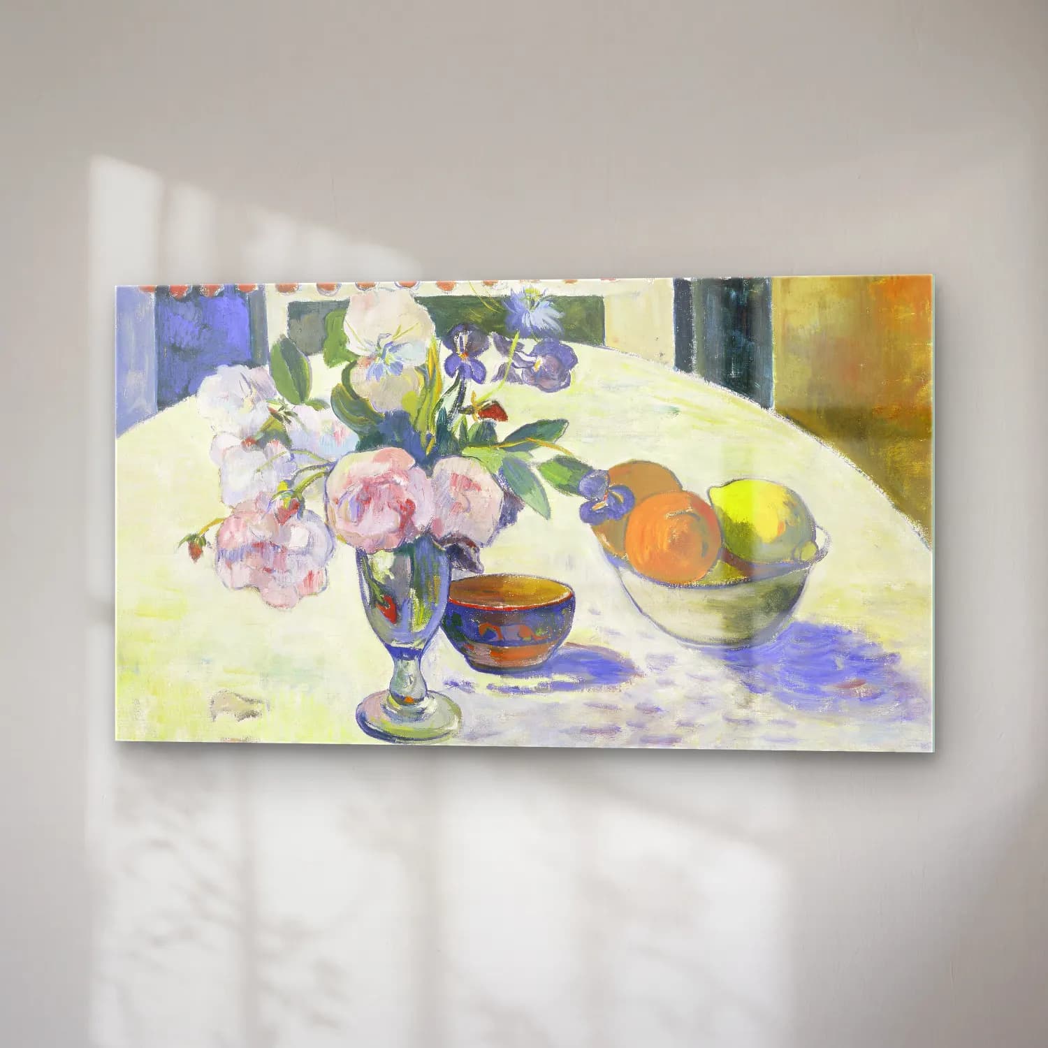 Paul Gauguin – Flowers and a Bowl of Fruit on a Table cam tablo — sağ açıdan görünüm