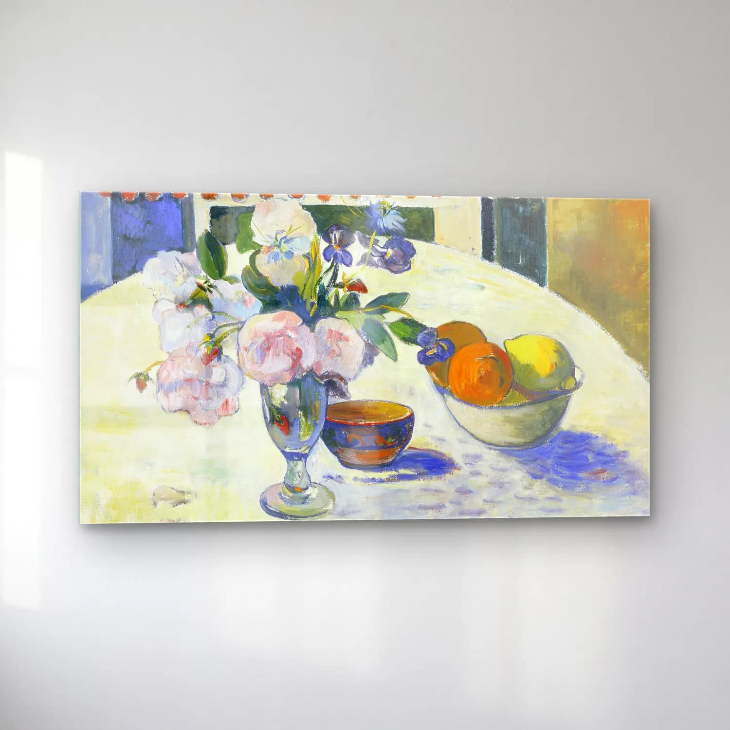 Paul Gauguin – Flowers and a Bowl of Fruit on a Table cam tablo — sol açıdan görünüm