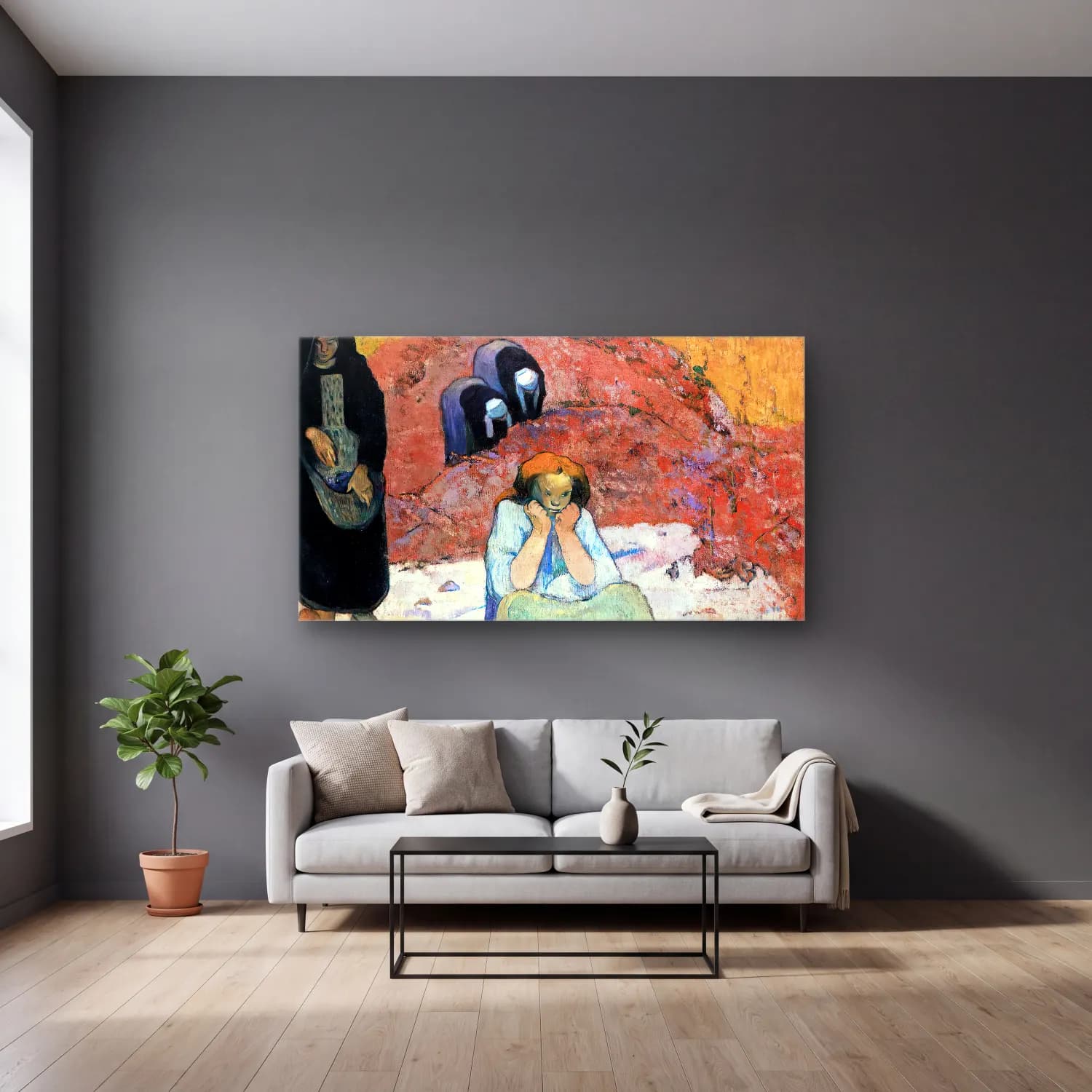 Paul Gauguin – Grape Harvest at Arles (Human Anguish) cam tablo — gri duvarlı salonda