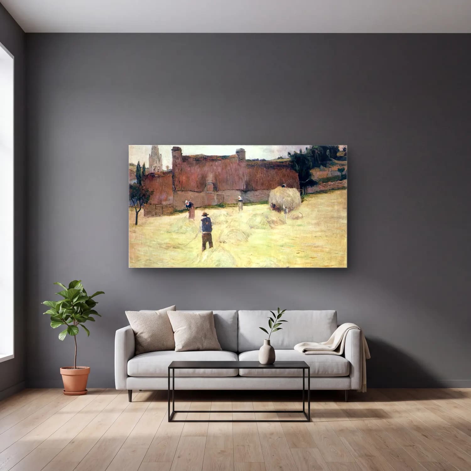 Paul Gauguin – Haymaking in Brittany cam tablo — gri duvarlı salonda