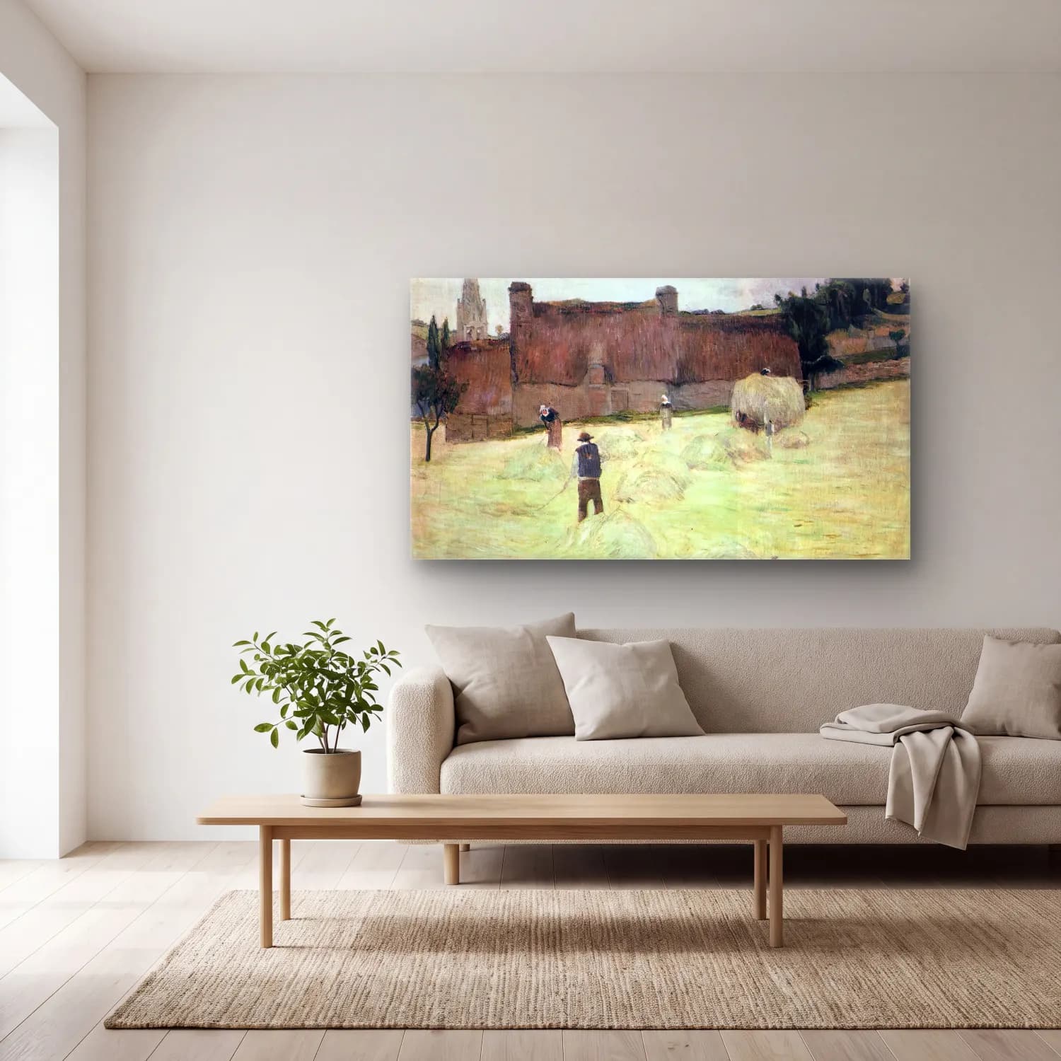 Paul Gauguin – Haymaking in Brittany cam tablo — açık renk salonda