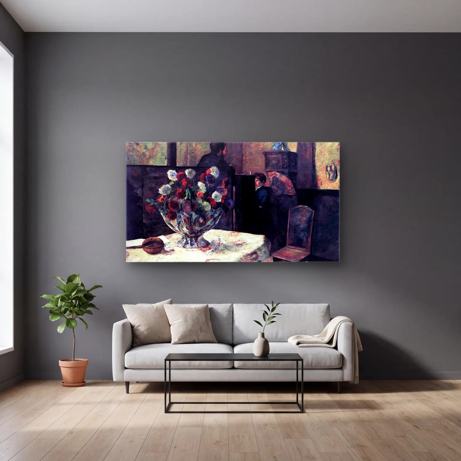 Paul Gauguin – Interior of the Artist s Home, Rue Carcel cam tablo — gri duvarlı salonda