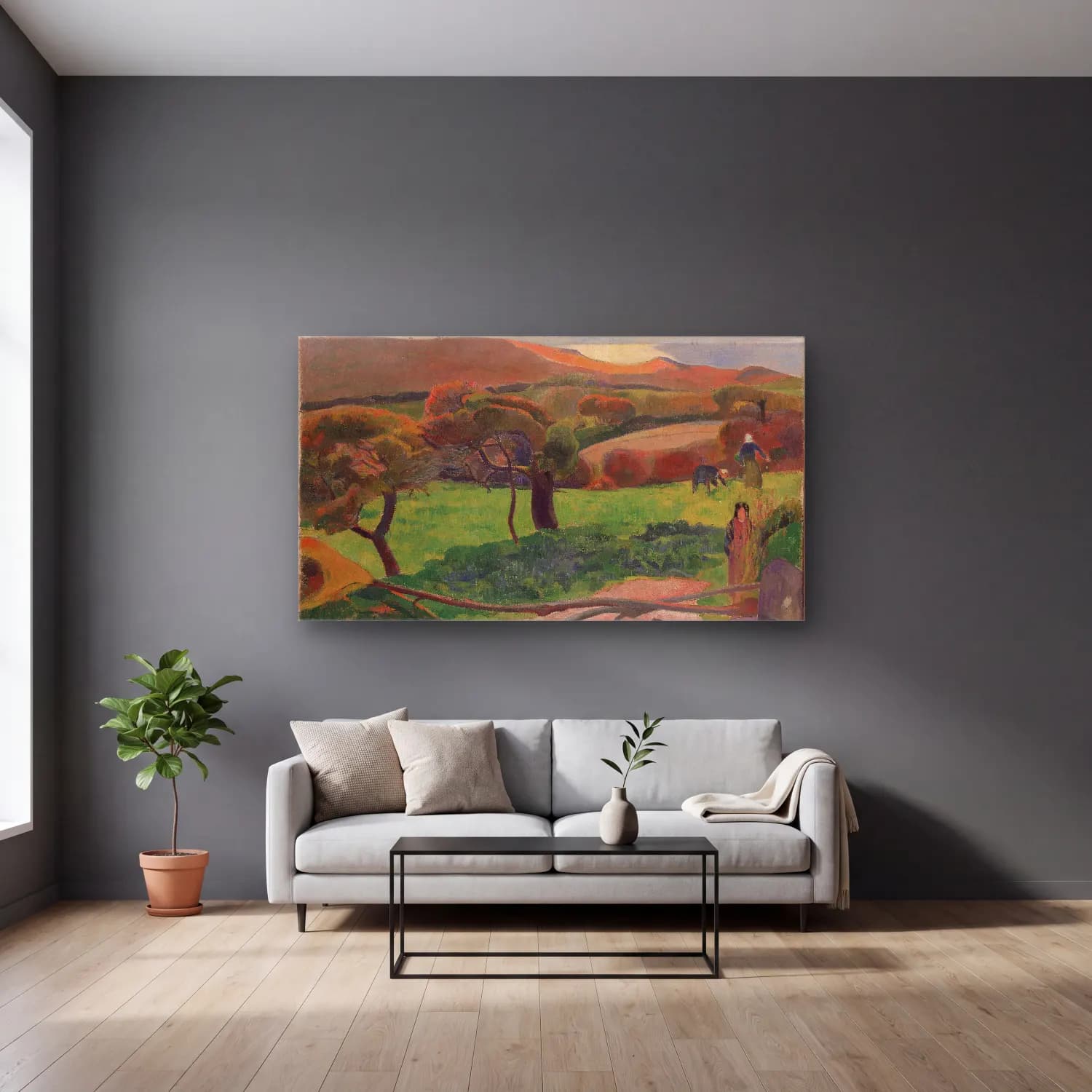 Paul Gauguin – Landscape from Bretagne cam tablo — gri duvarlı salonda