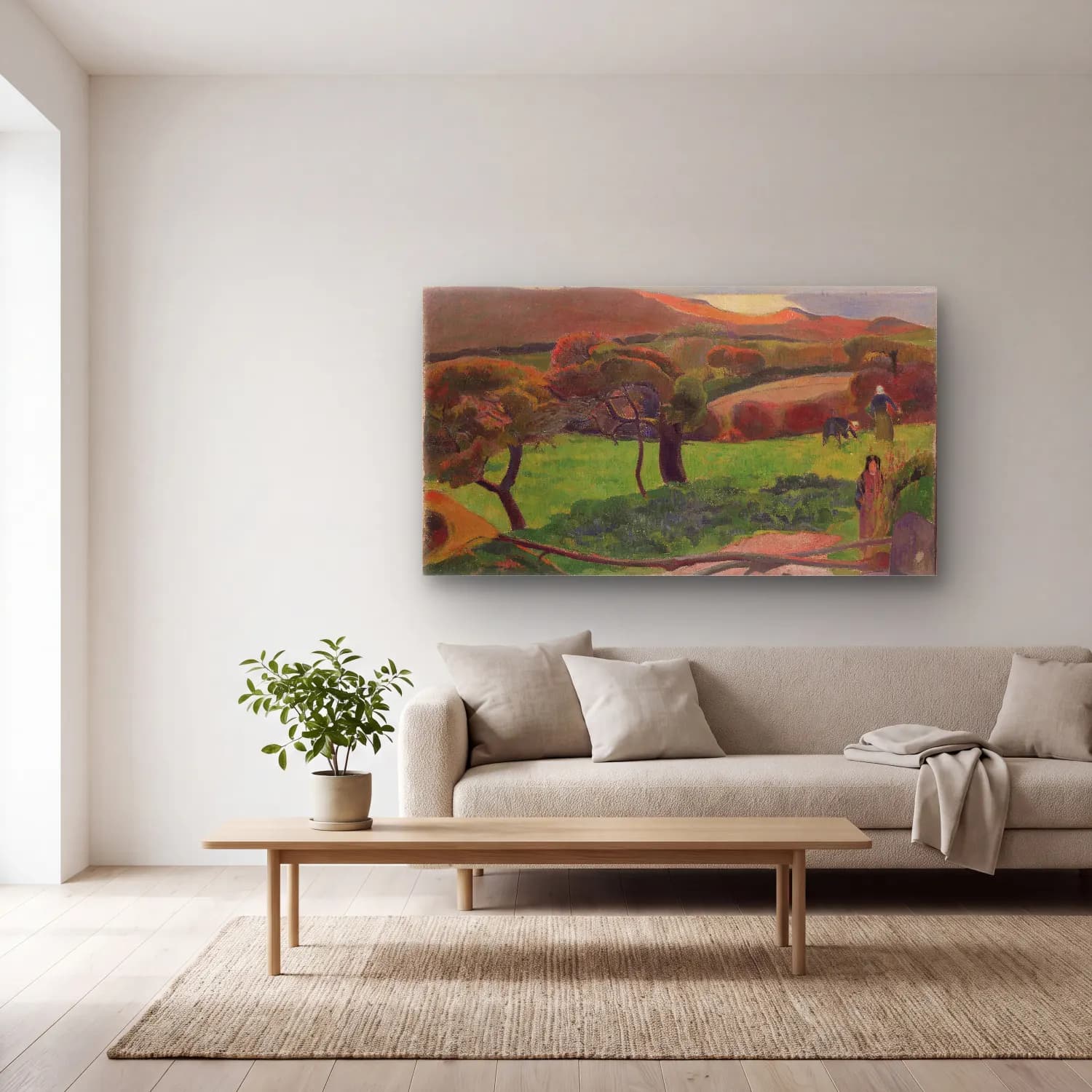 Paul Gauguin – Landscape from Bretagne cam tablo — açık renk salonda