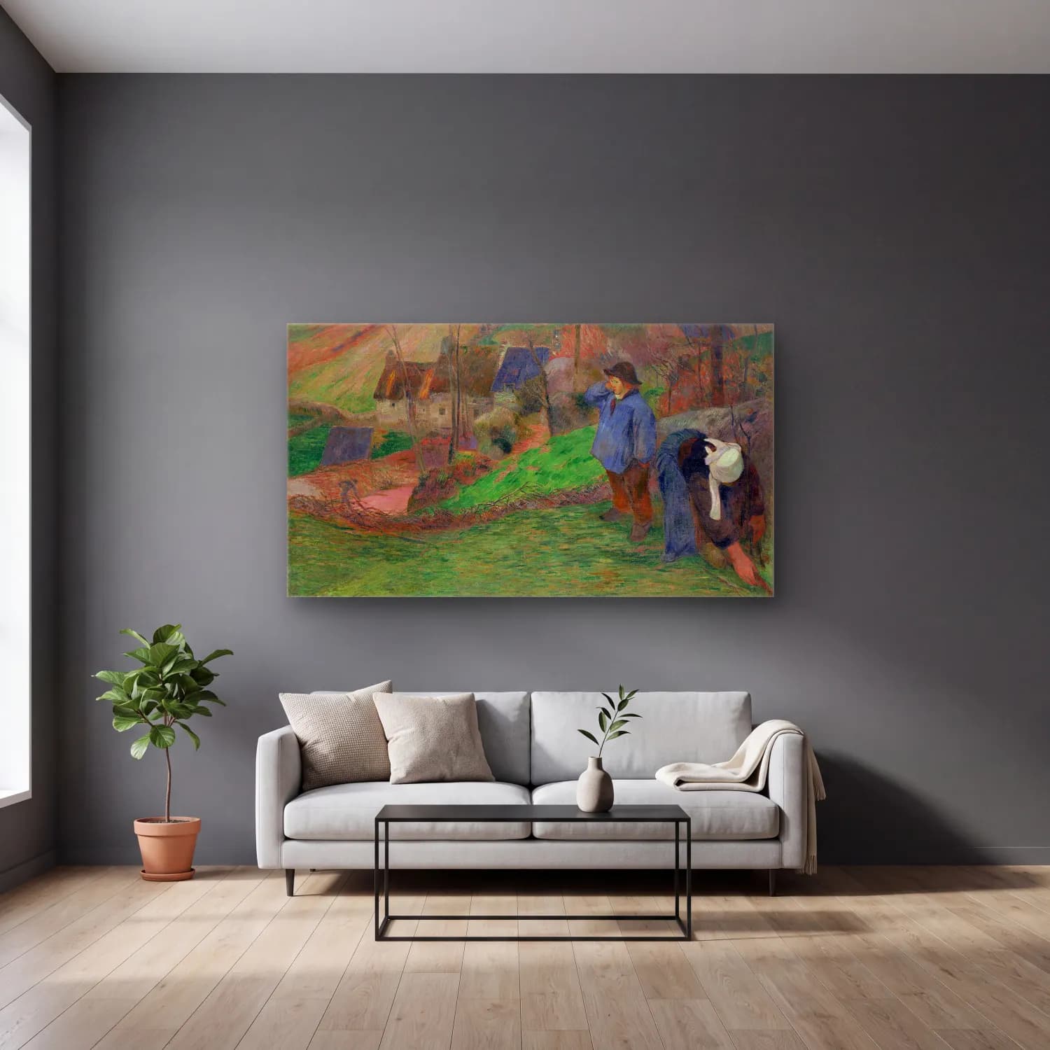 Paul Gauguin – Landscape of Brittany cam tablo — gri duvarlı salonda