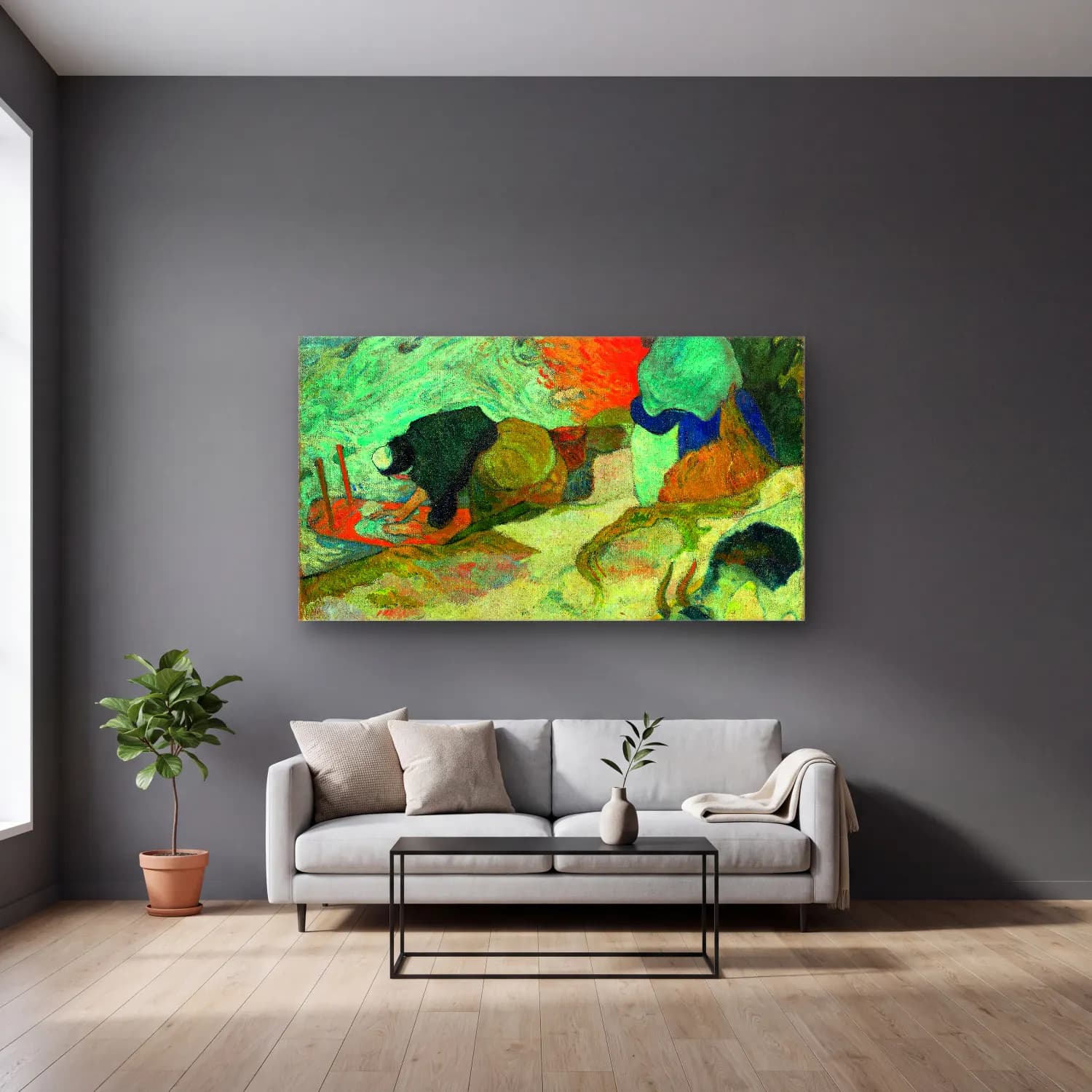 Paul Gauguin – Laveuses à Arles (Washerwomen in Arles) cam tablo — gri duvarlı salonda