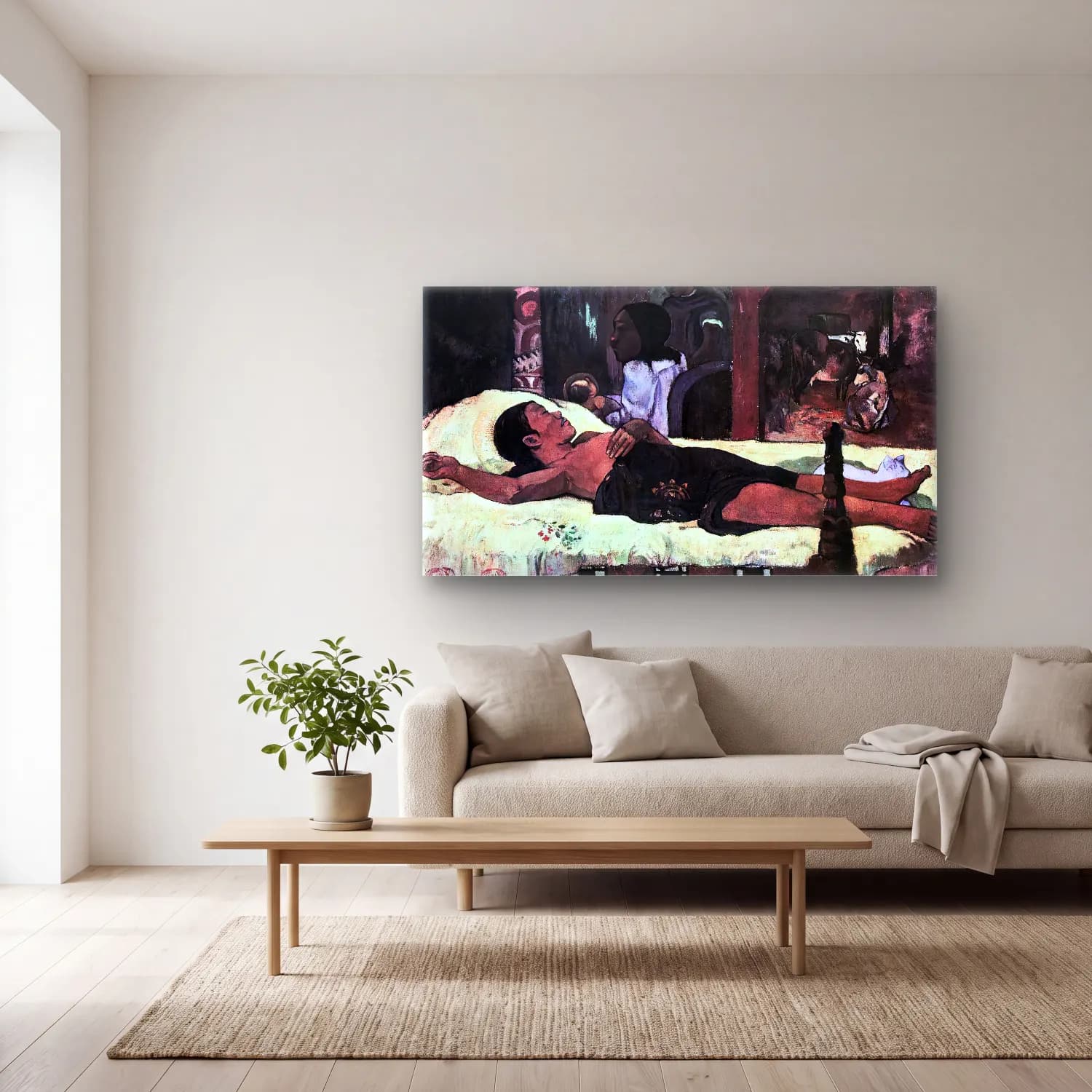 Paul Gauguin – Nativity (Te Tamari No Atua) cam tablo — açık renk salonda