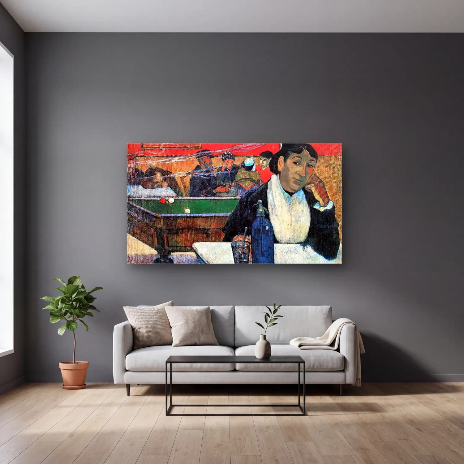 Paul Gauguin – Night Café at Arles (Madame Ginoux) cam tablo — gri duvarlı salonda