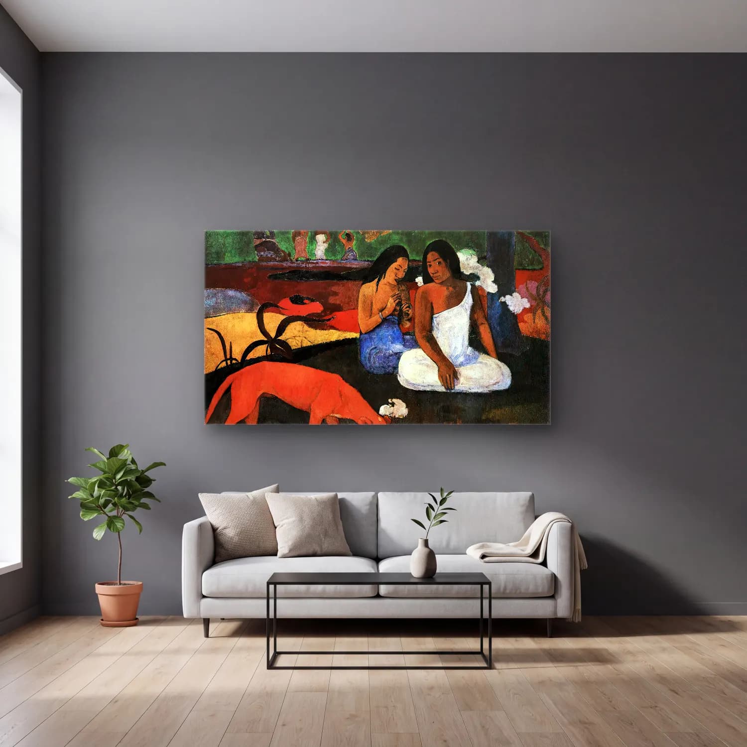 Paul Gauguin – Pastime (Joyeusetés, Arearea) cam tablo — gri duvarlı salonda