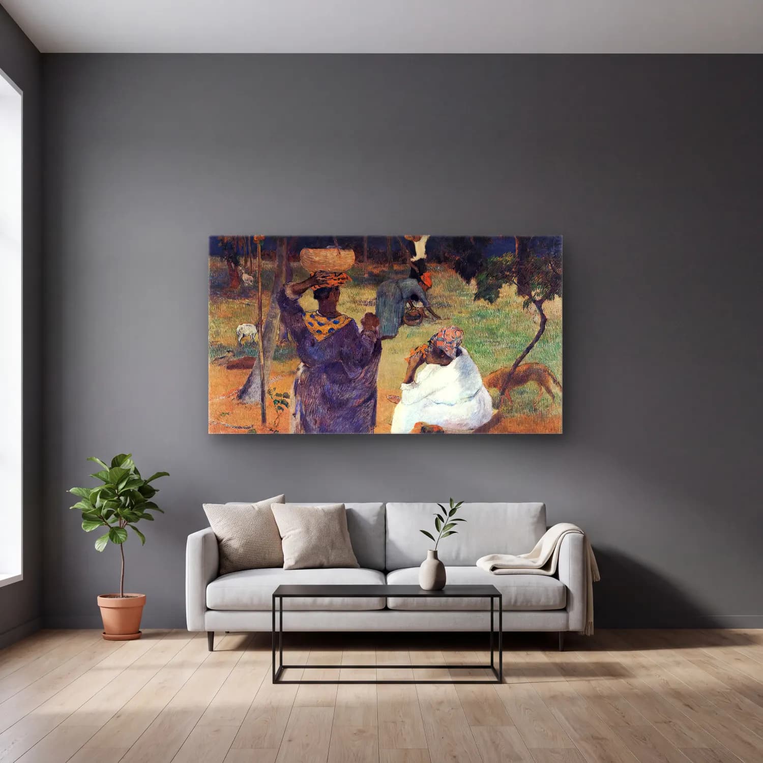 Paul Gauguin – Picking Mangoes cam tablo — gri duvarlı salonda