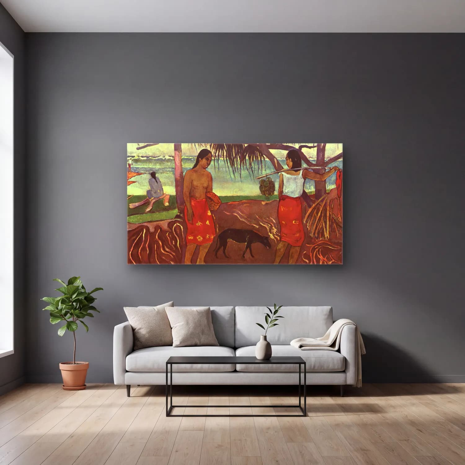 Paul Gauguin – Raro Te Ouiri cam tablo — gri duvarlı salonda