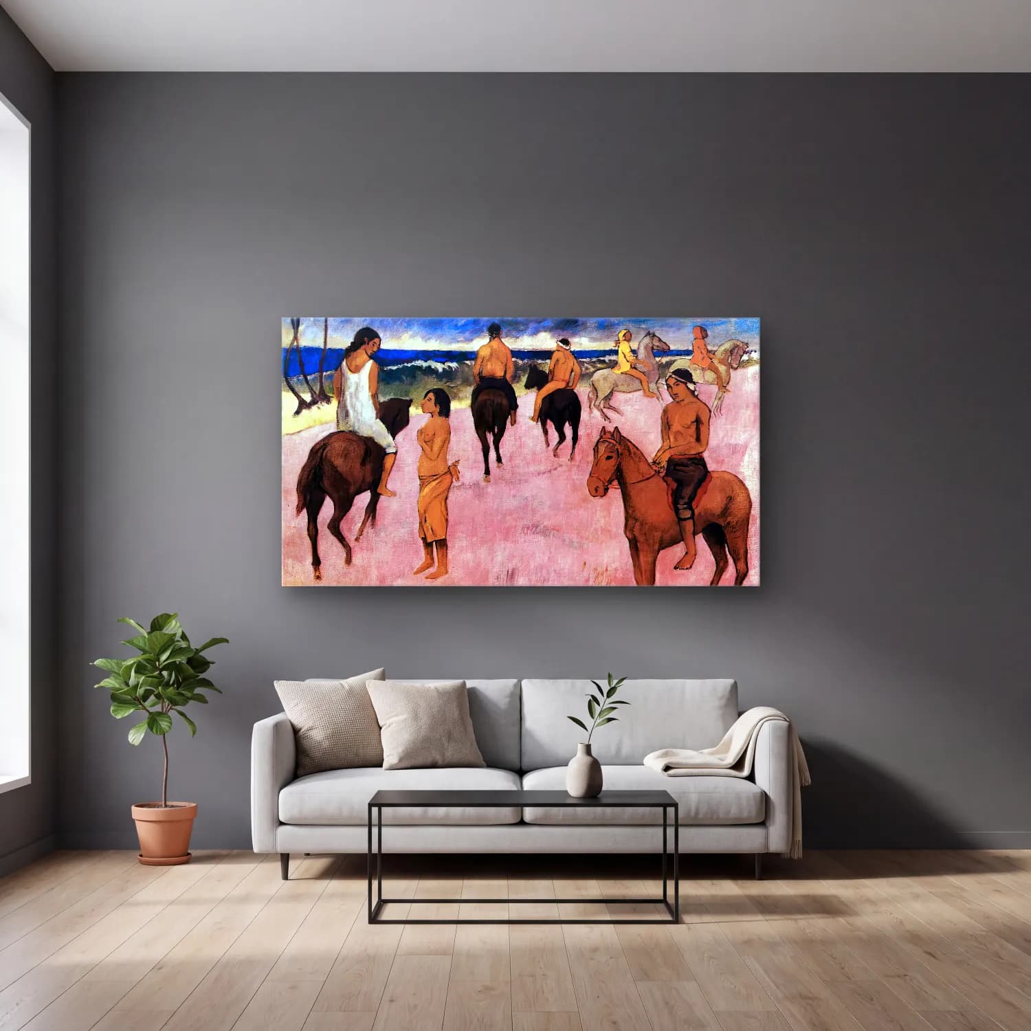 Paul Gauguin – Riders on the Beach cam tablo — gri duvarlı salonda