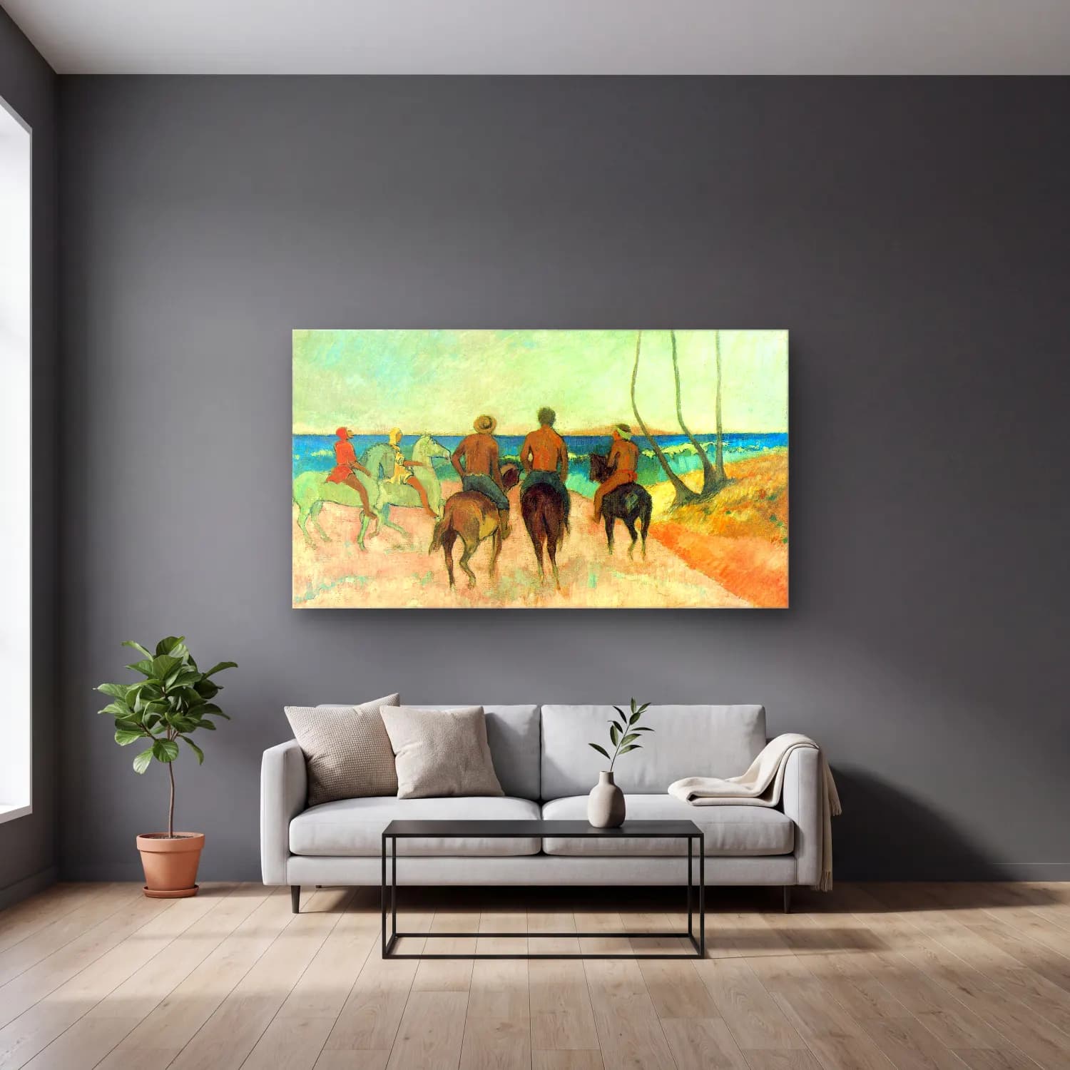 Paul Gauguin – Riding on the Beach #2 cam tablo — gri duvarlı salonda