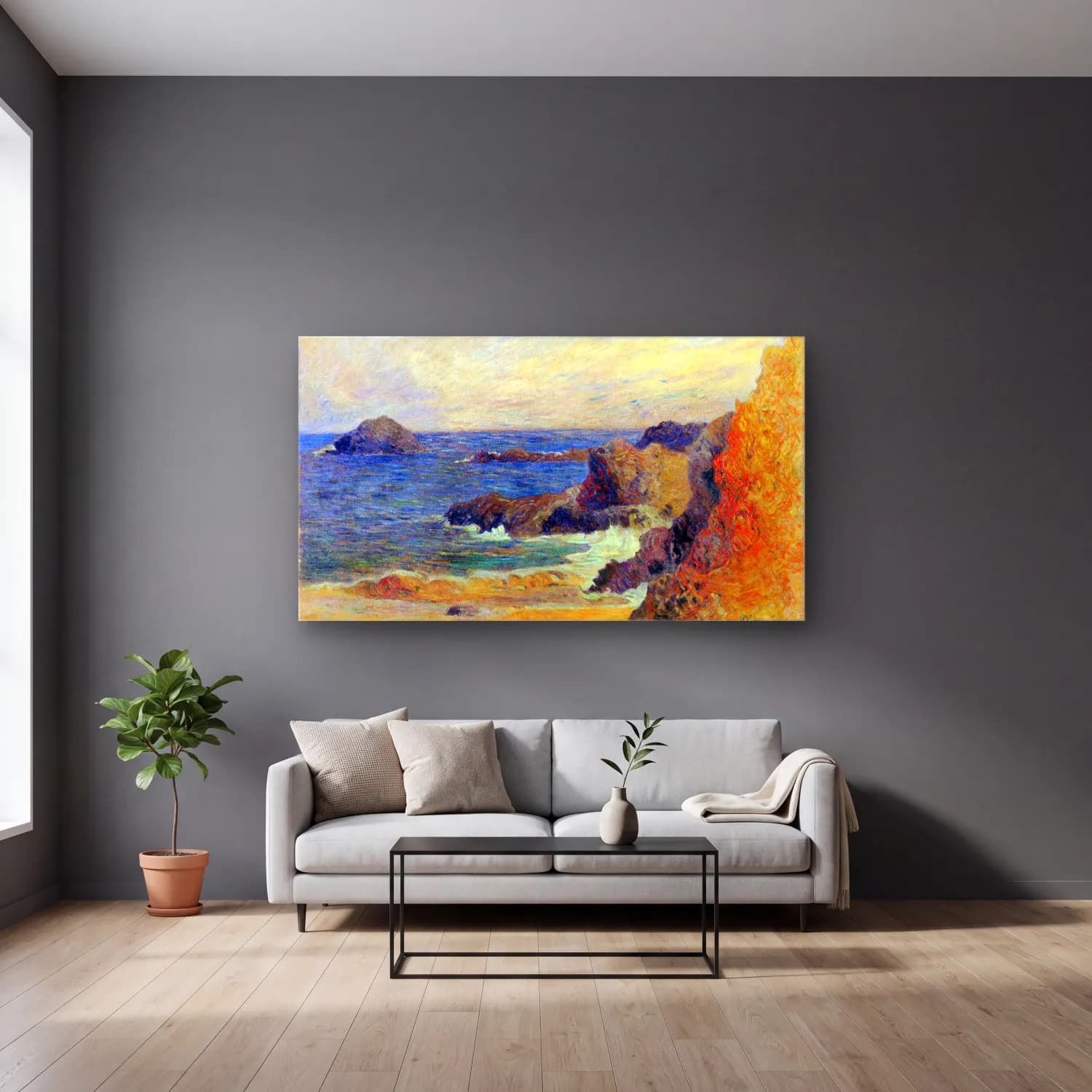 Paul Gauguin – Rocky Coast cam tablo — gri duvarlı salonda