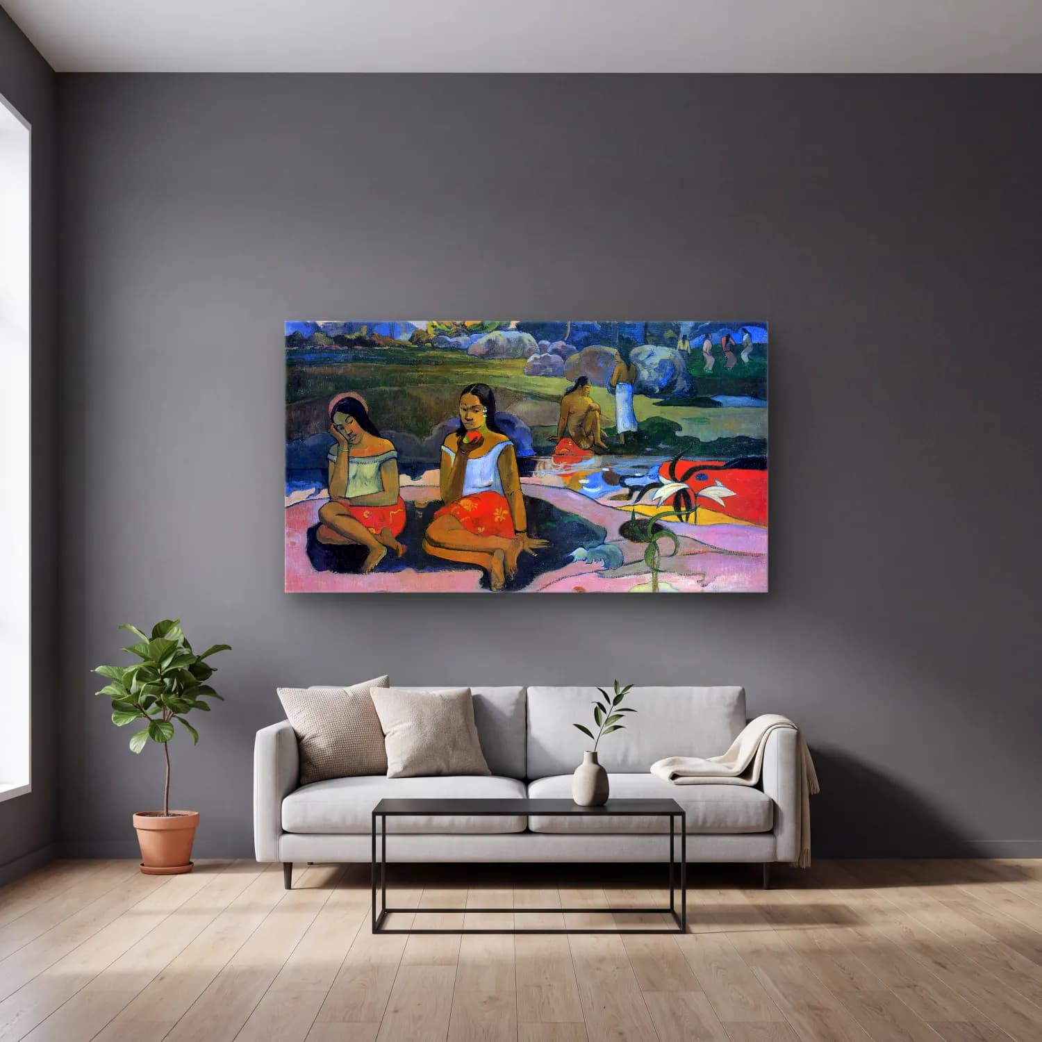 Paul Gauguin – Sacred Spring cam tablo — gri duvarlı salonda