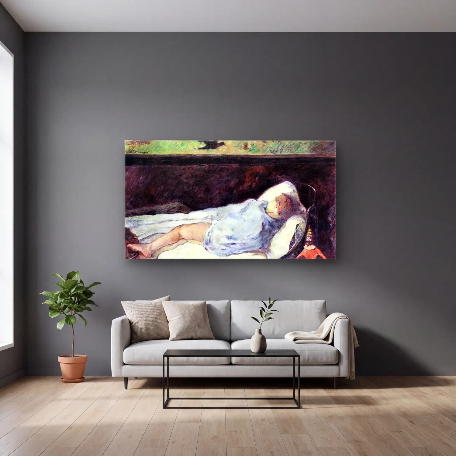 Paul Gauguin – Sleeping Boy (Émile Gauguin) cam tablo — gri duvarlı salonda