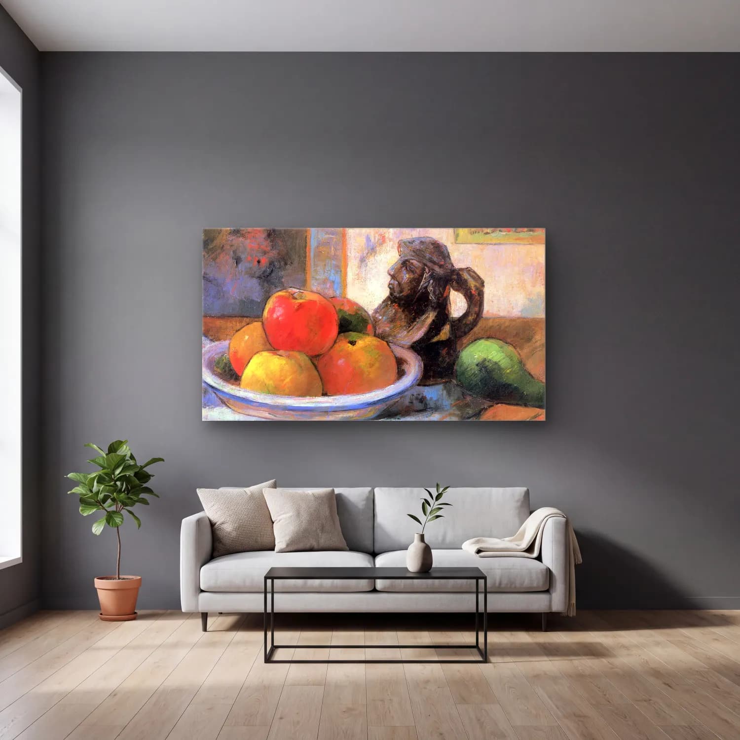 Paul Gauguin – Still Life with Apples, Pears and Krag cam tablo — gri duvarlı salonda