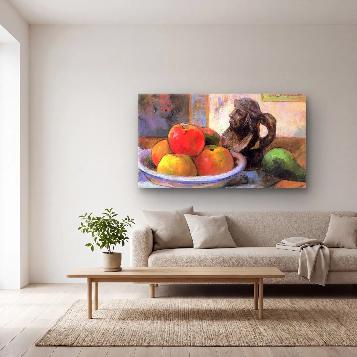 Paul Gauguin – Still Life with Apples, Pears and Krag cam tablo — açık renk salonda