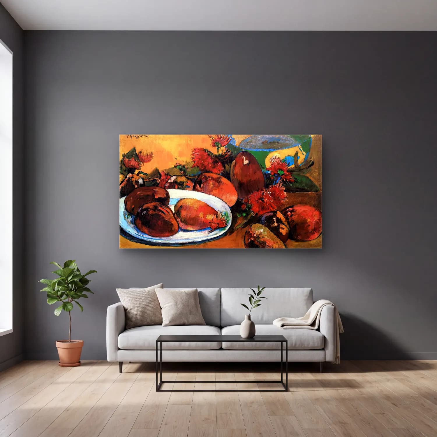 Paul Gauguin – Still-Life with Mangoes cam tablo — gri duvarlı salonda